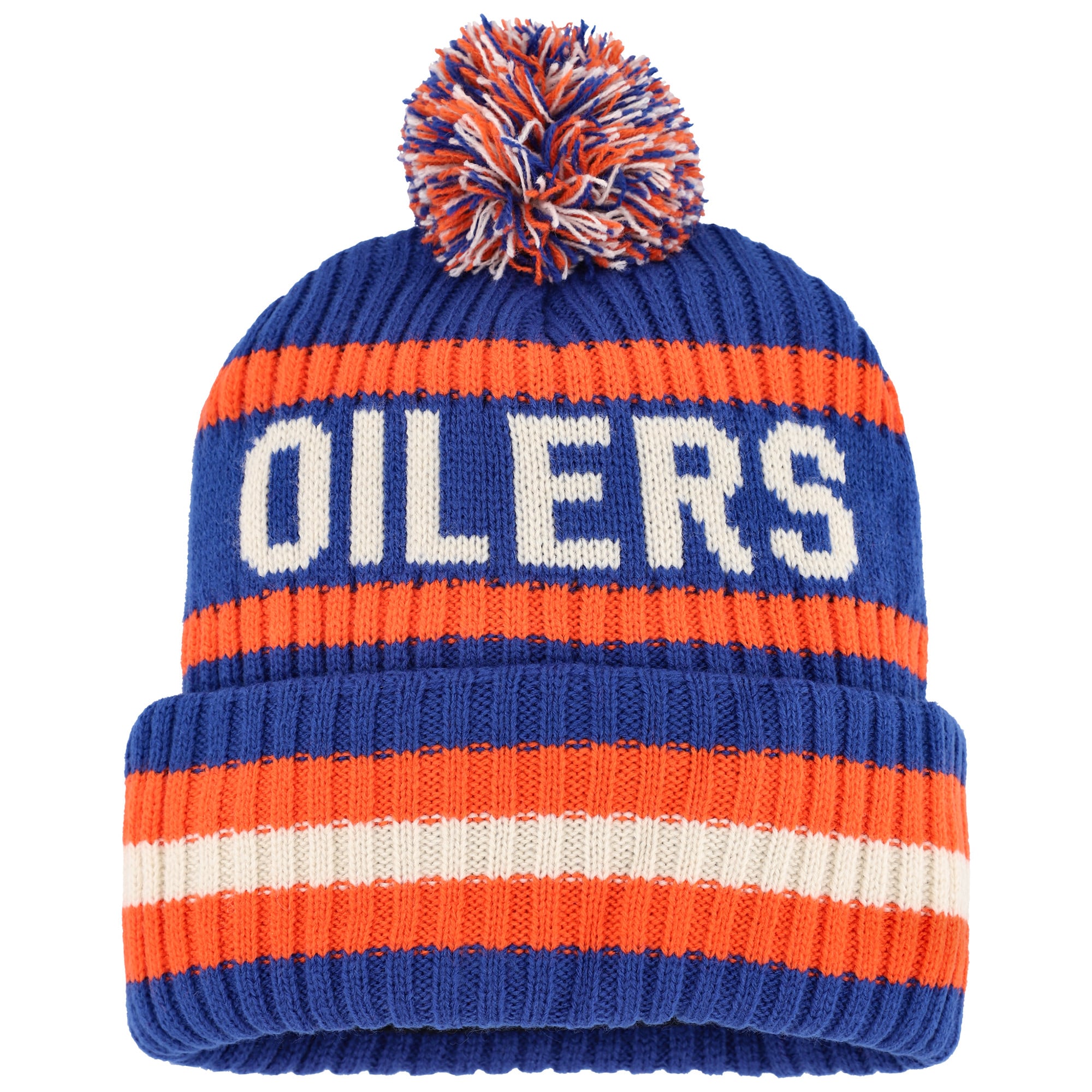 Bonnet en tricot à revers Bering '47 Royal/Orange Edmonton Oilers pour hommes avec pompon