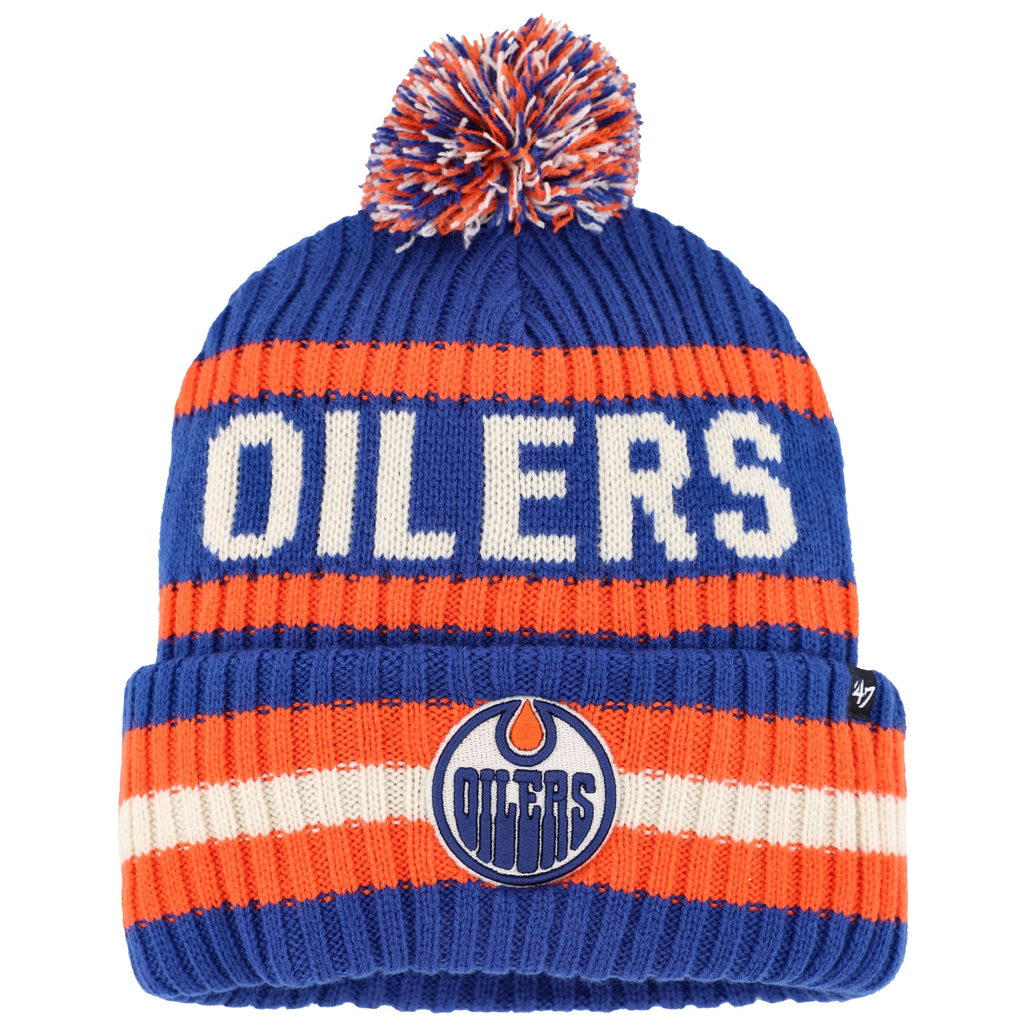 Bonnet en tricot à revers Bering '47 Royal/Orange Edmonton Oilers pour hommes avec pompon