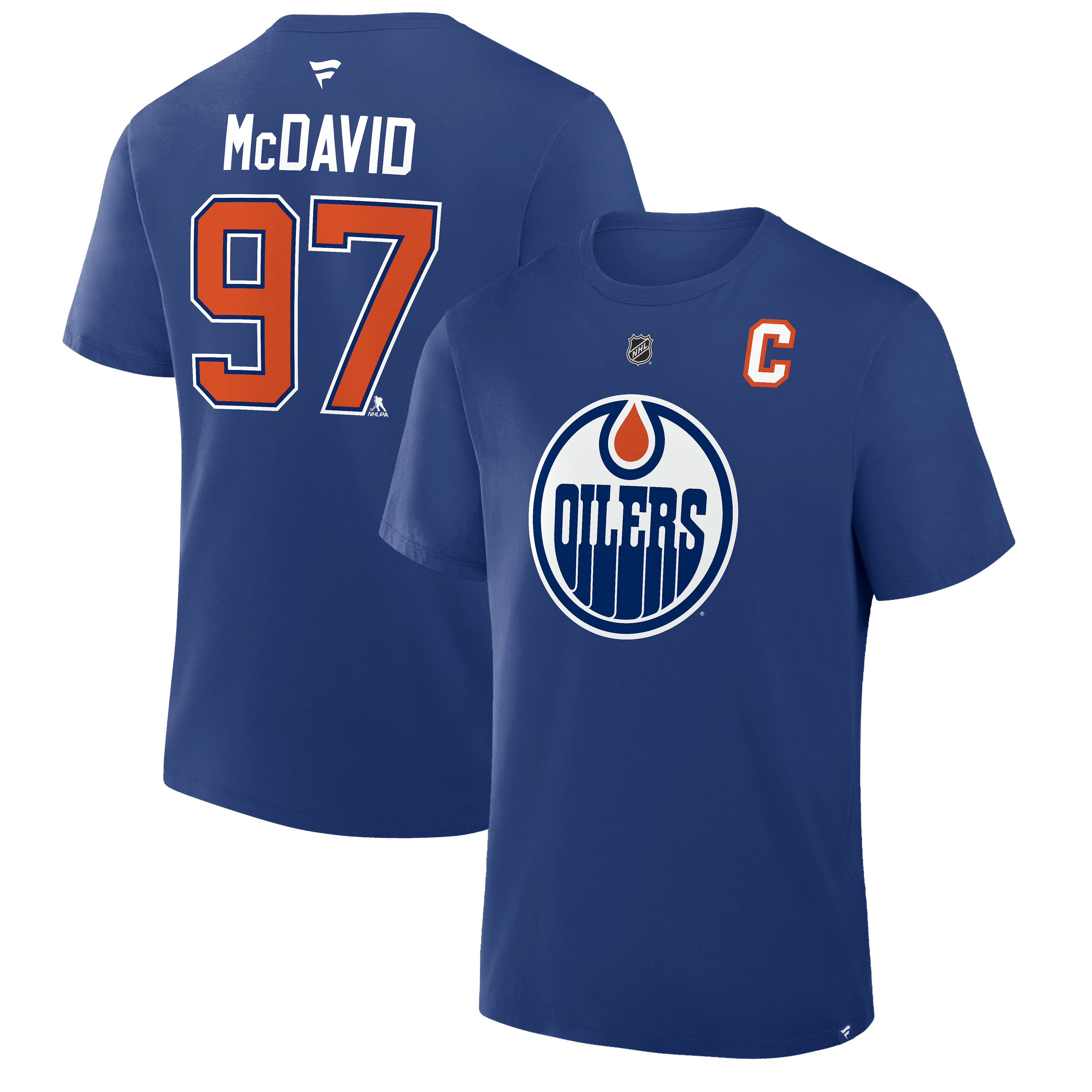 T-shirt authentique Fanatics Connor McDavid, capitaine des Royal Edmonton Oilers, avec nom et numéro superposés.