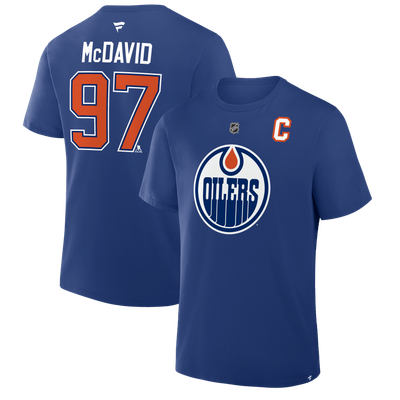 Men's Edmonton Oilers Connor McDavid Fanatics Royal Captain's Patch Authentic Stack Name & Number T-Shirt