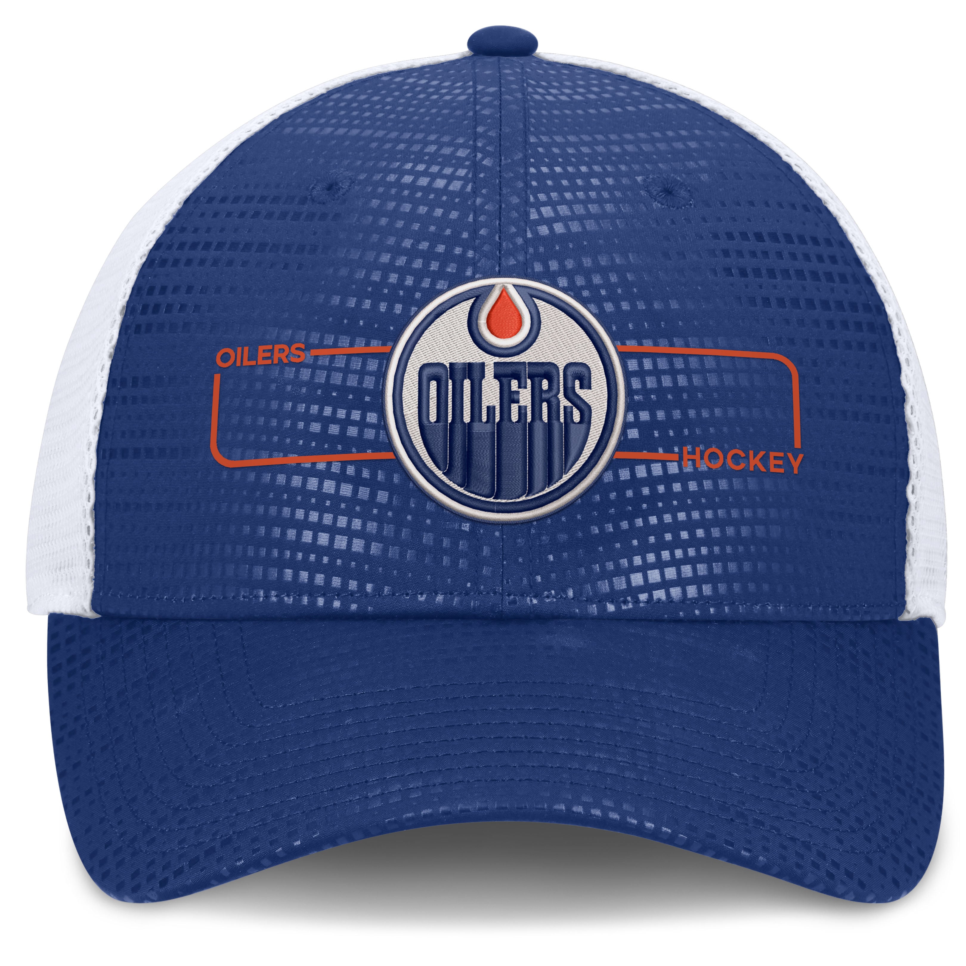 Men's Fanatics Royal Edmonton Oilers Authentic Pro Rink Boxed Logo Trucker Hat