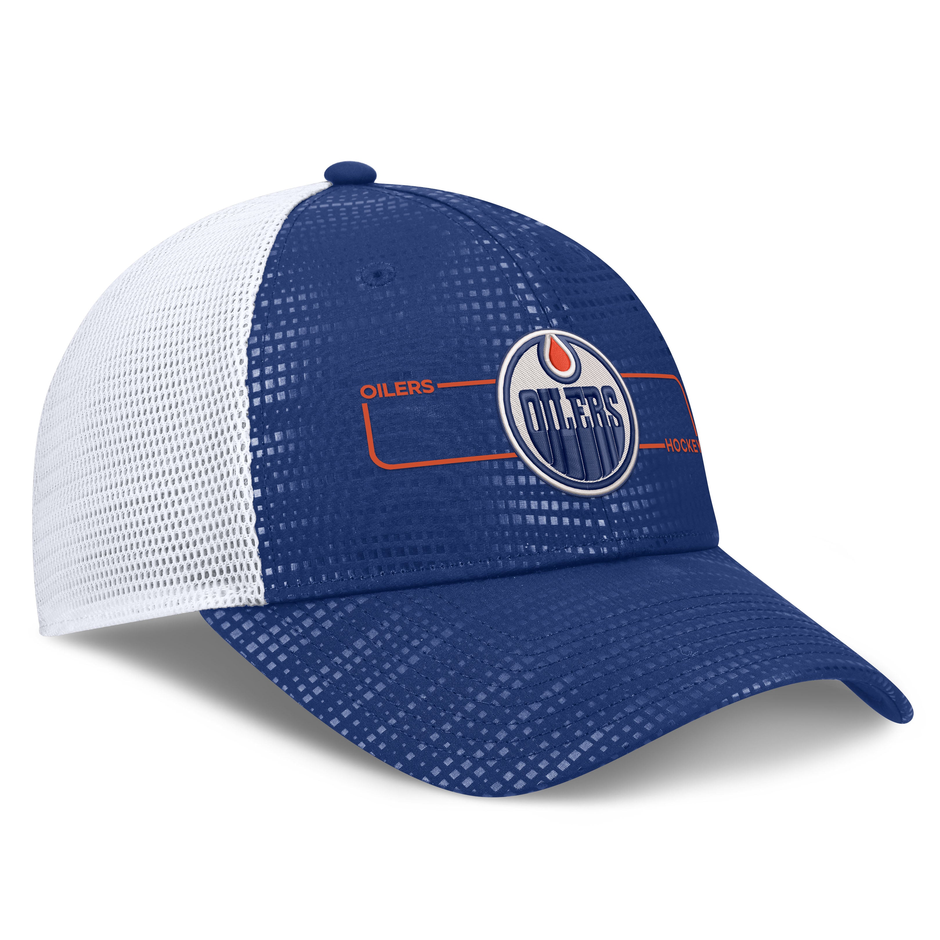 Men's Fanatics Royal Edmonton Oilers Authentic Pro Rink Boxed Logo Trucker Hat