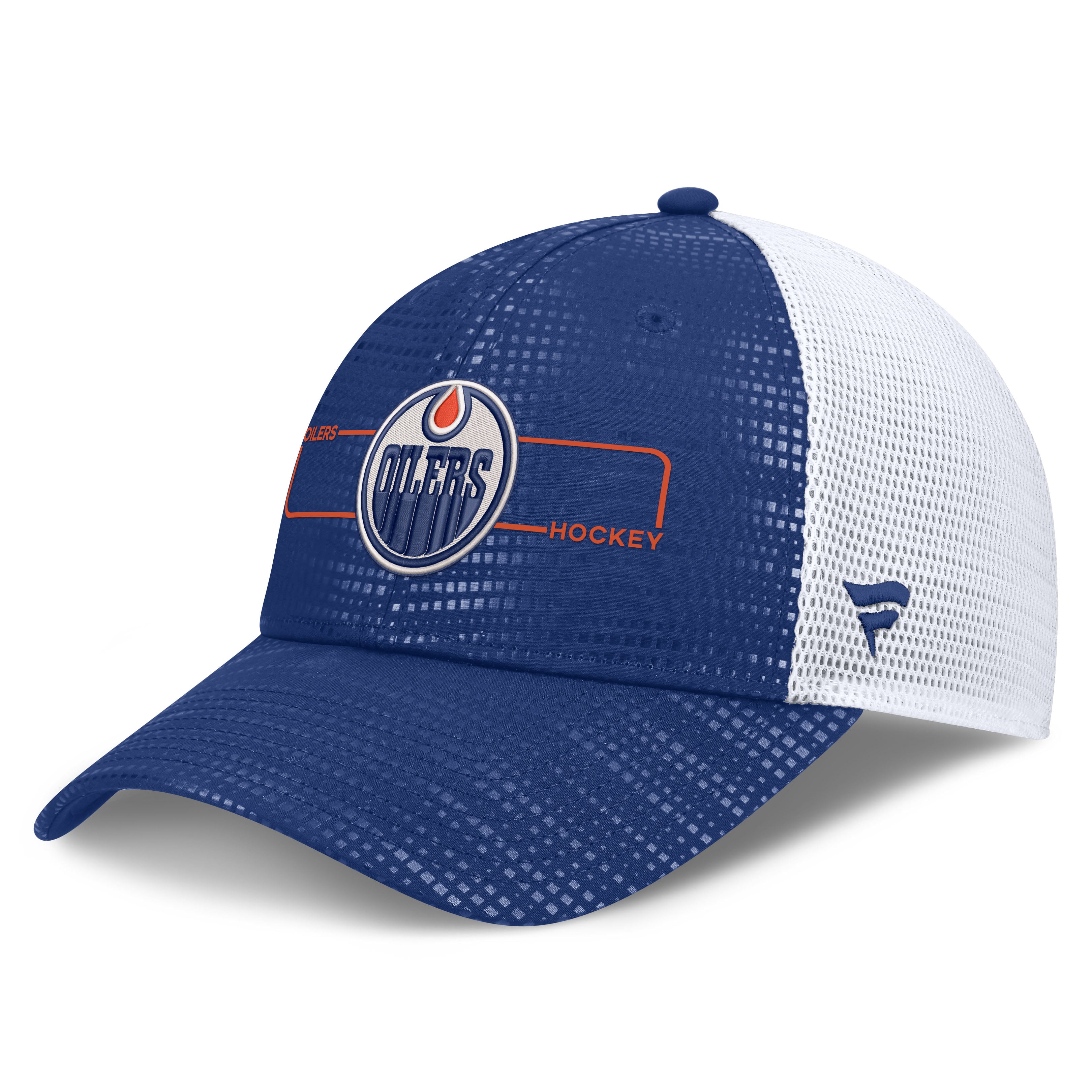 Men's Fanatics Royal Edmonton Oilers Authentic Pro Rink Boxed Logo Trucker Hat