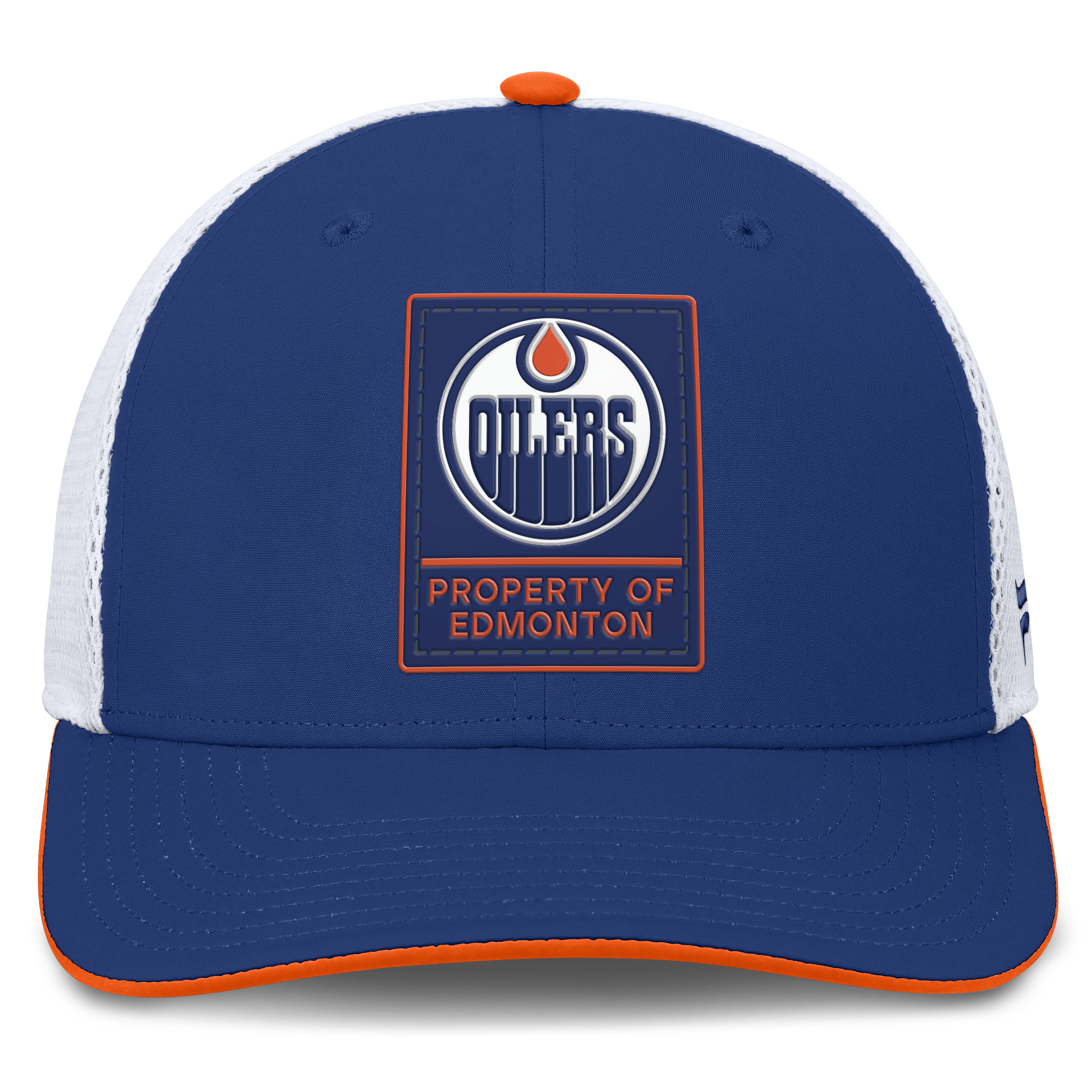 Casquette trucker ajustable Fanatics Royal Edmonton Oilers Authentic Pro Rink à couronne moyenne pour homme