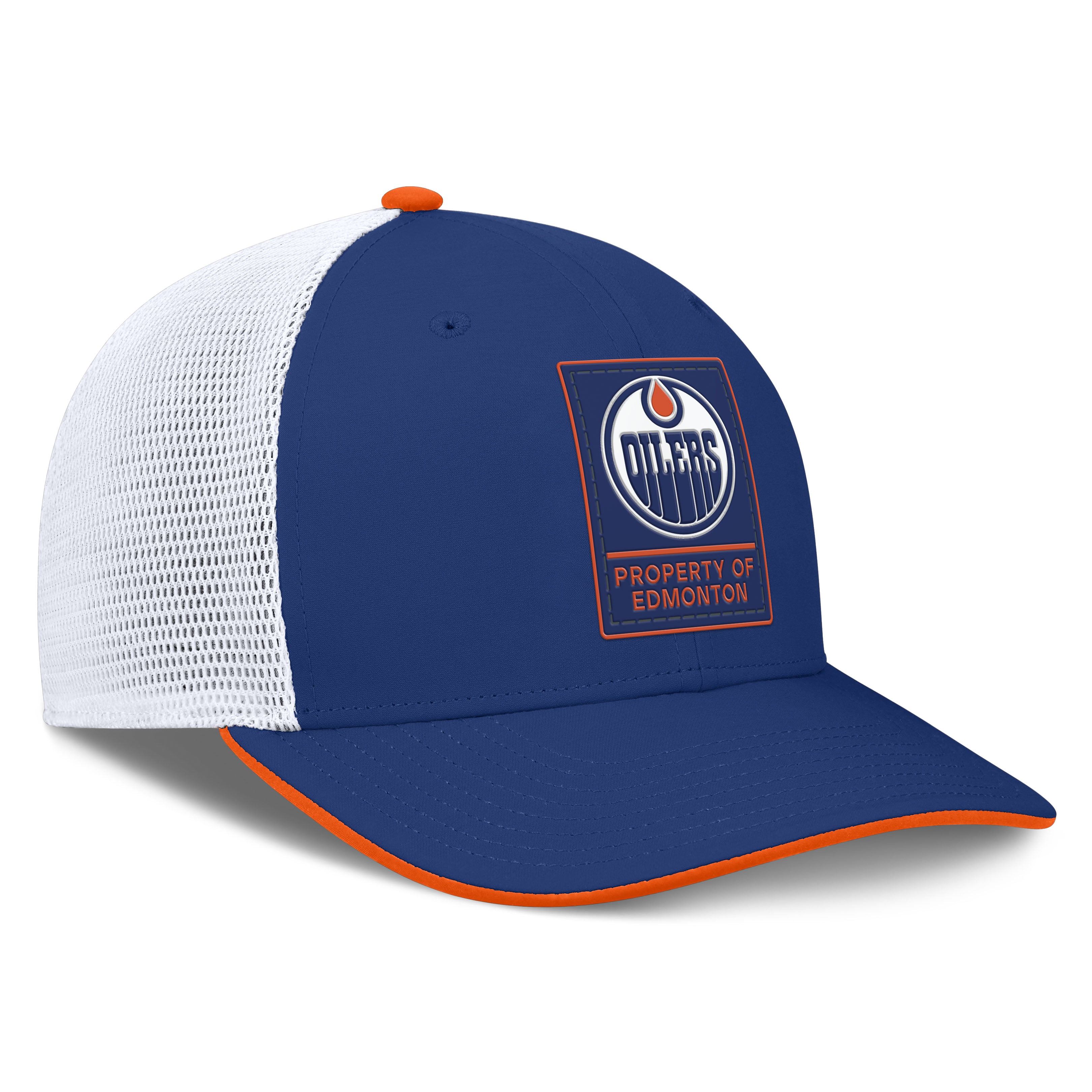 Casquette trucker ajustable Fanatics Royal Edmonton Oilers Authentic Pro Rink à couronne moyenne pour homme