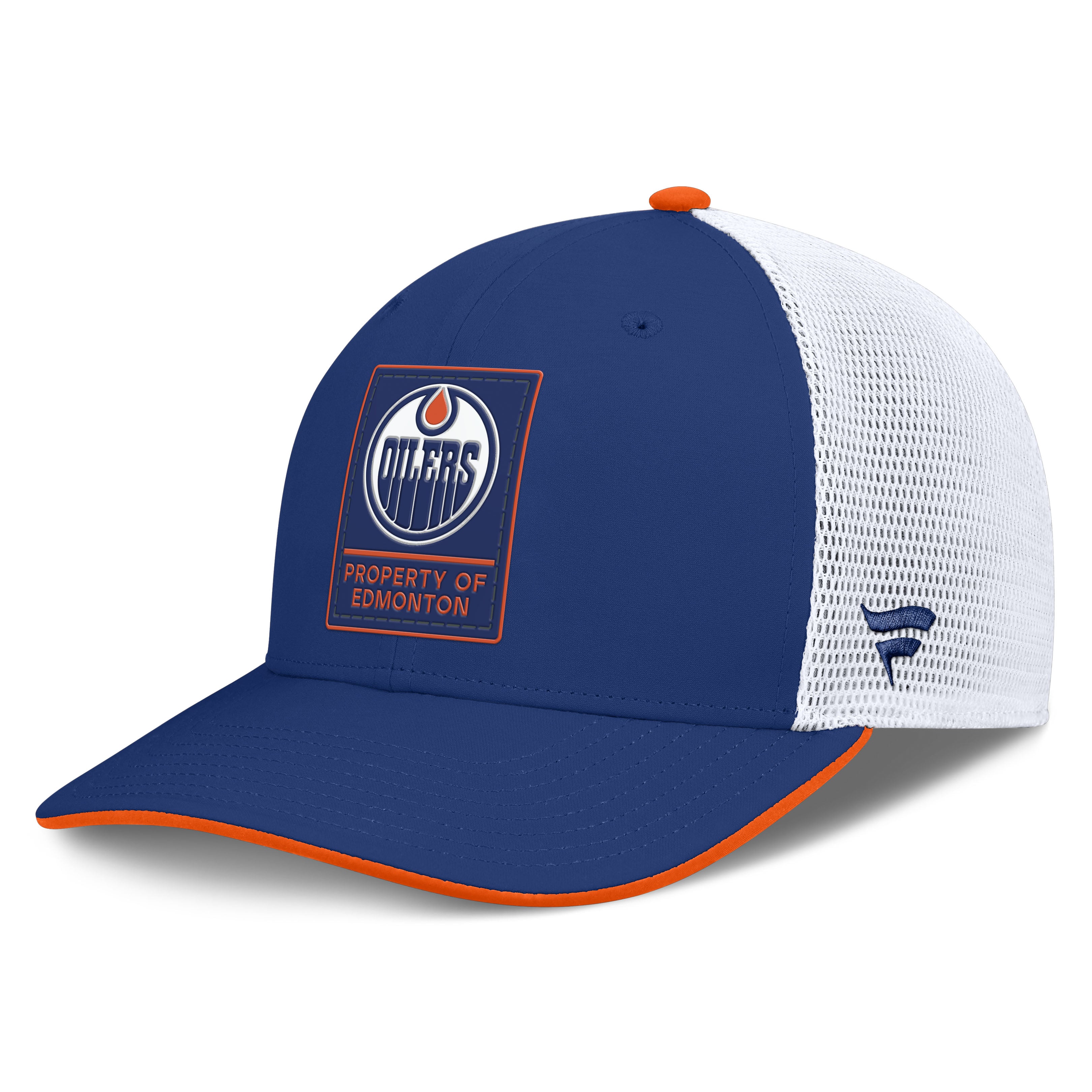 Casquette trucker ajustable Fanatics Royal Edmonton Oilers Authentic Pro Rink à couronne moyenne pour homme
