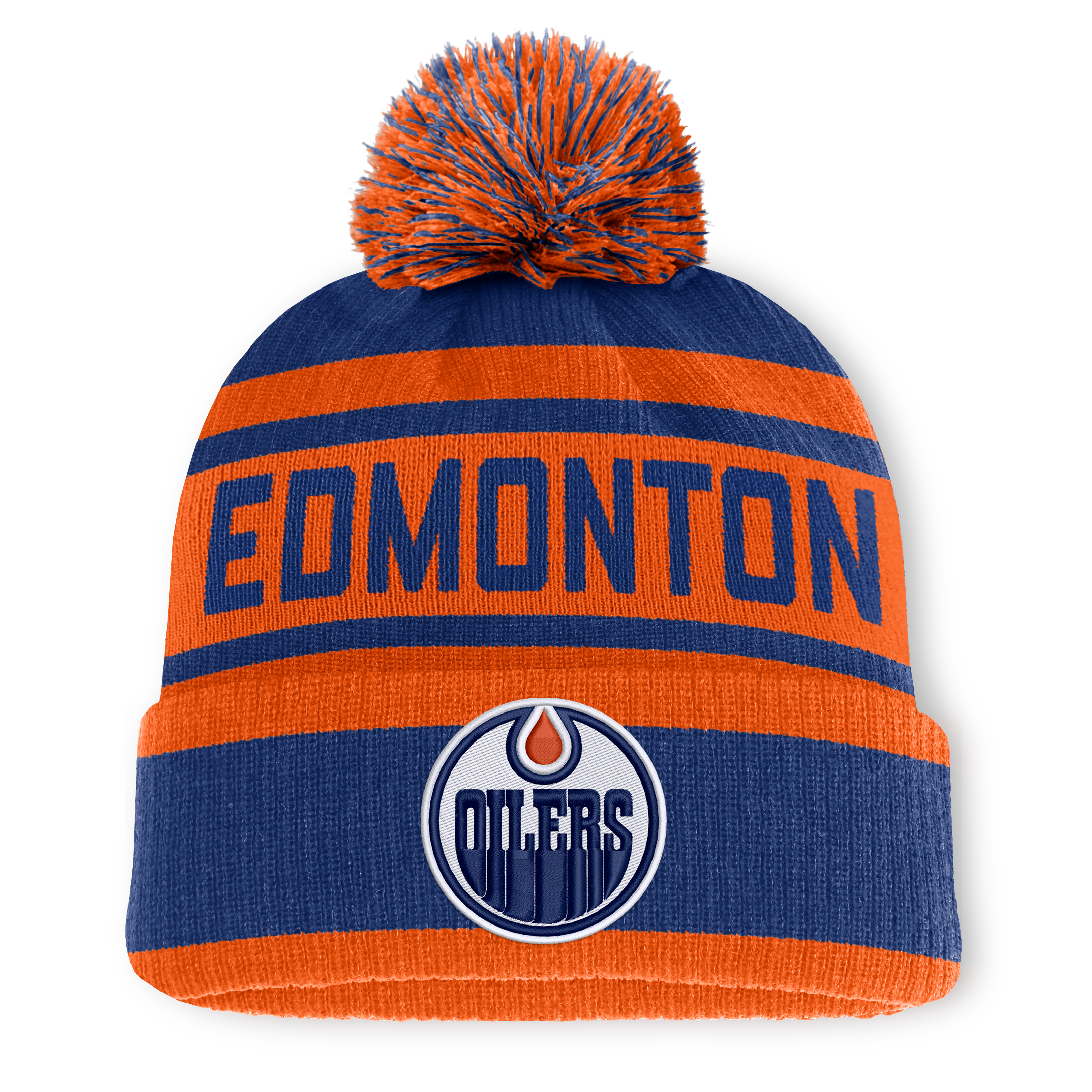 Bonnet tricoté à revers avec pompon, coloris royal/orange, des Oilers d'Edmonton (Fanatics).