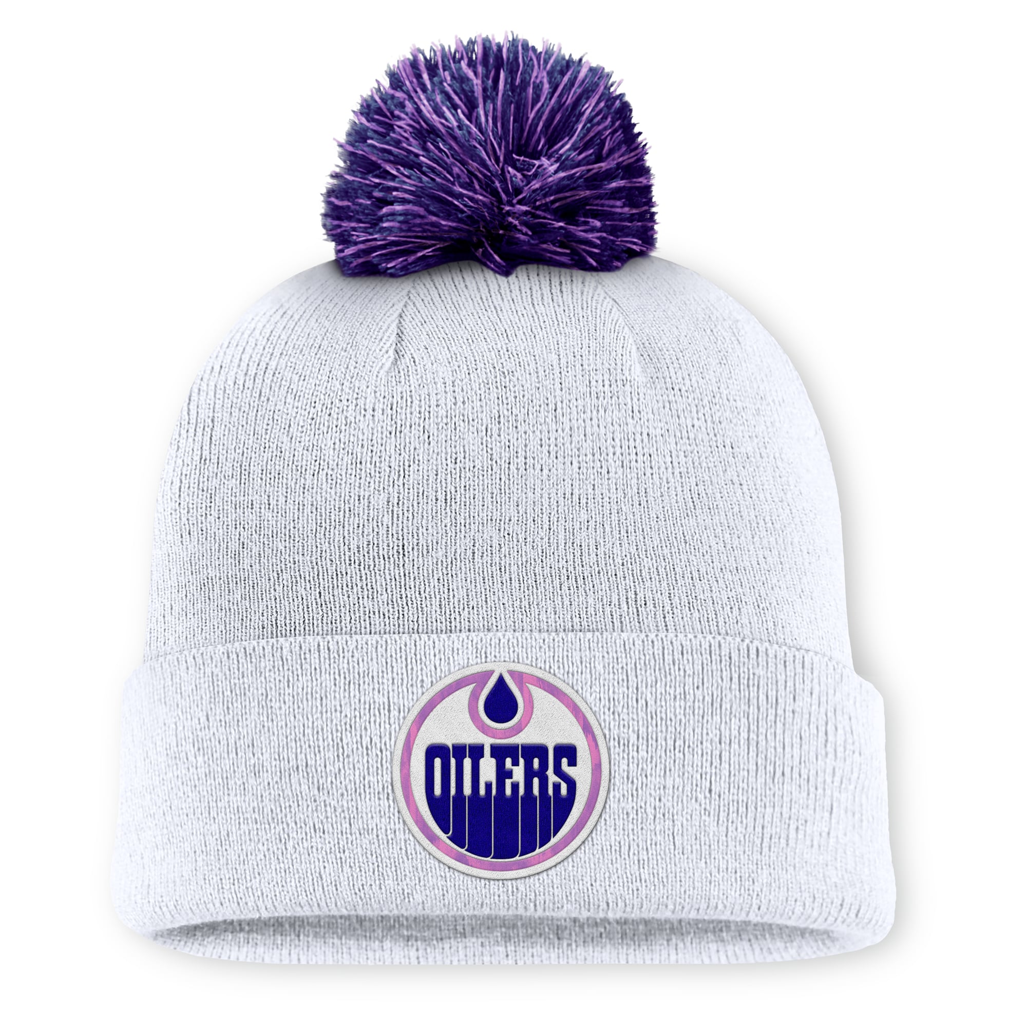 Men's Fanatics White Edmonton Oilers Authentic Pro Hockey Fights Cancer Cuffed Knit Hat with Pom