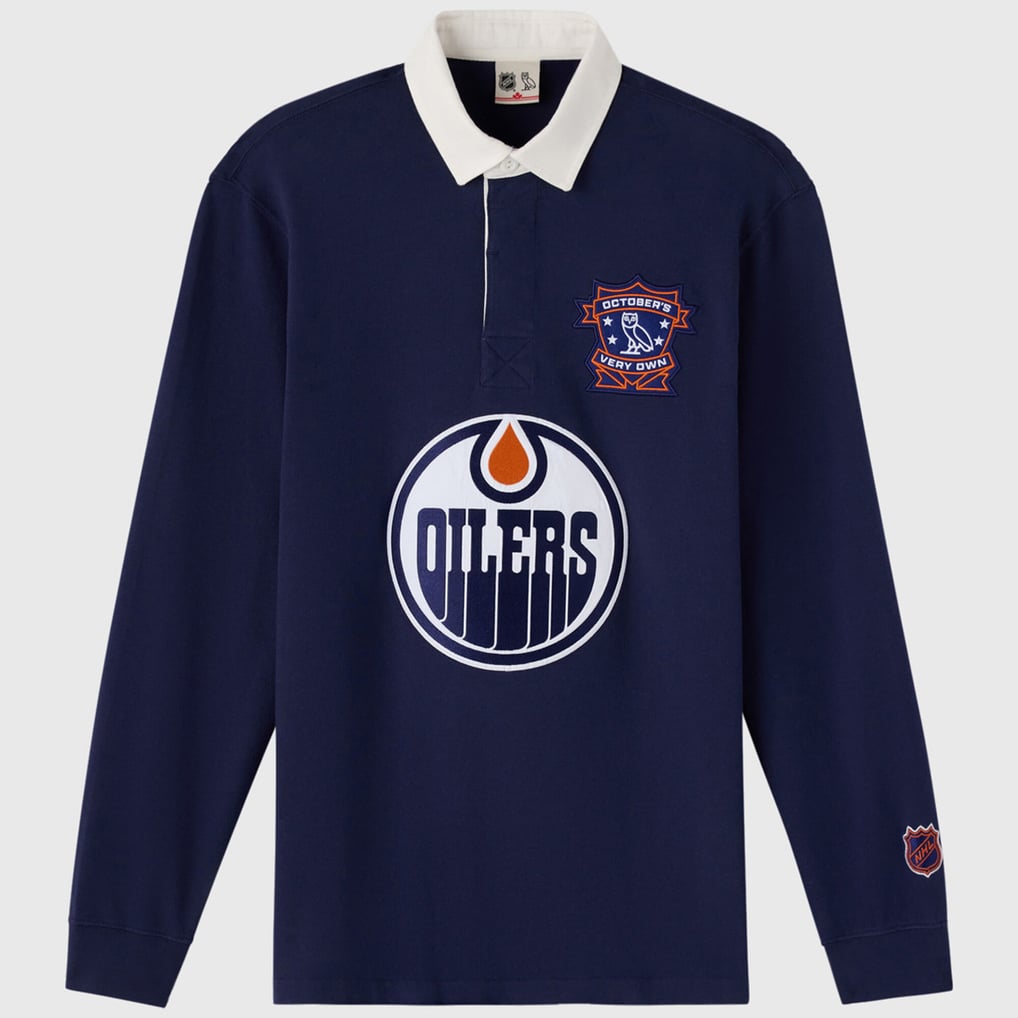 Men's Edmonton Oilers  OVO x NHL Navy YD Striped Rugby Polo