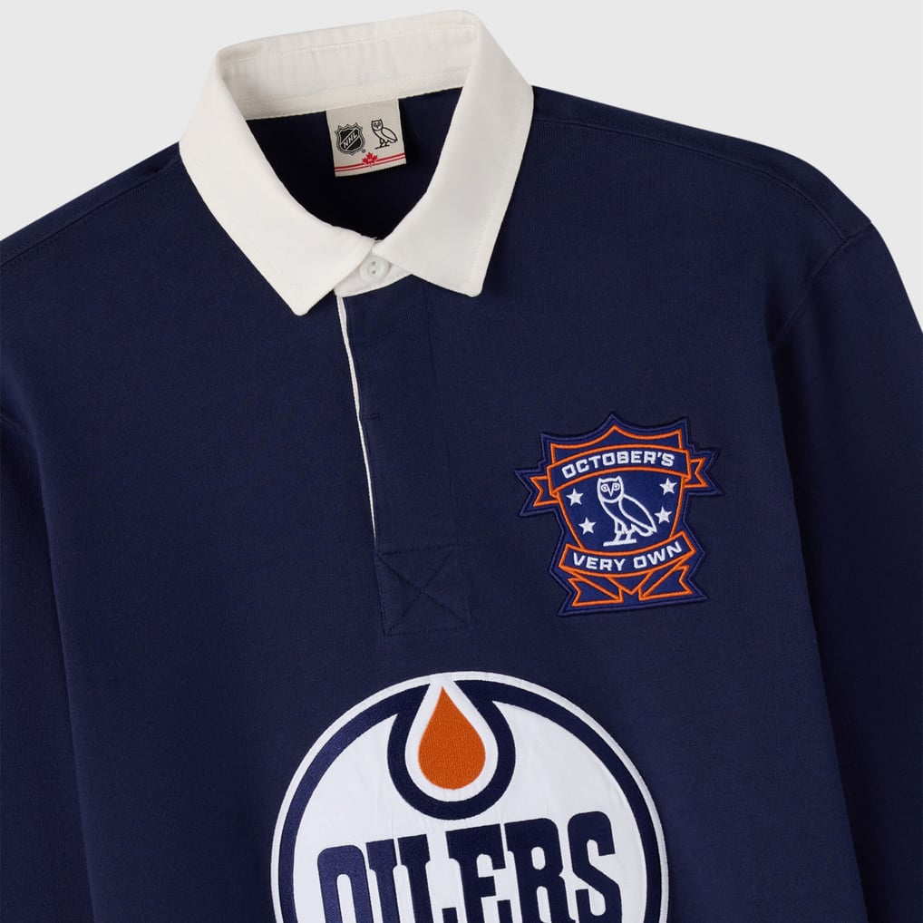 Men's Edmonton Oilers  OVO x NHL Navy YD Striped Rugby Polo