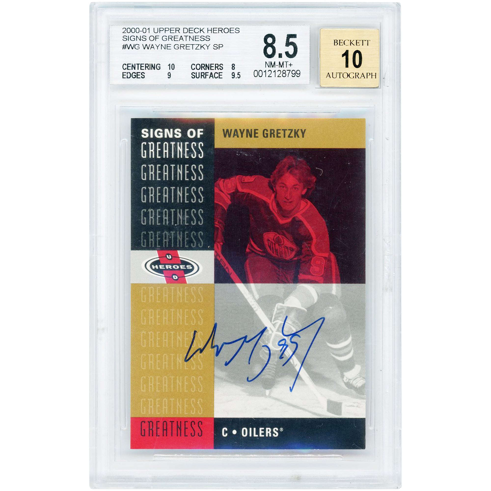 Wayne Gretzky Edmonton Oilers Autographed 2000-01 Upper Deck Heroes Signs of Greatness SP #WG BGS Authenticated 8.5/10 Card - 10,8,9,9.5 Subgrades
