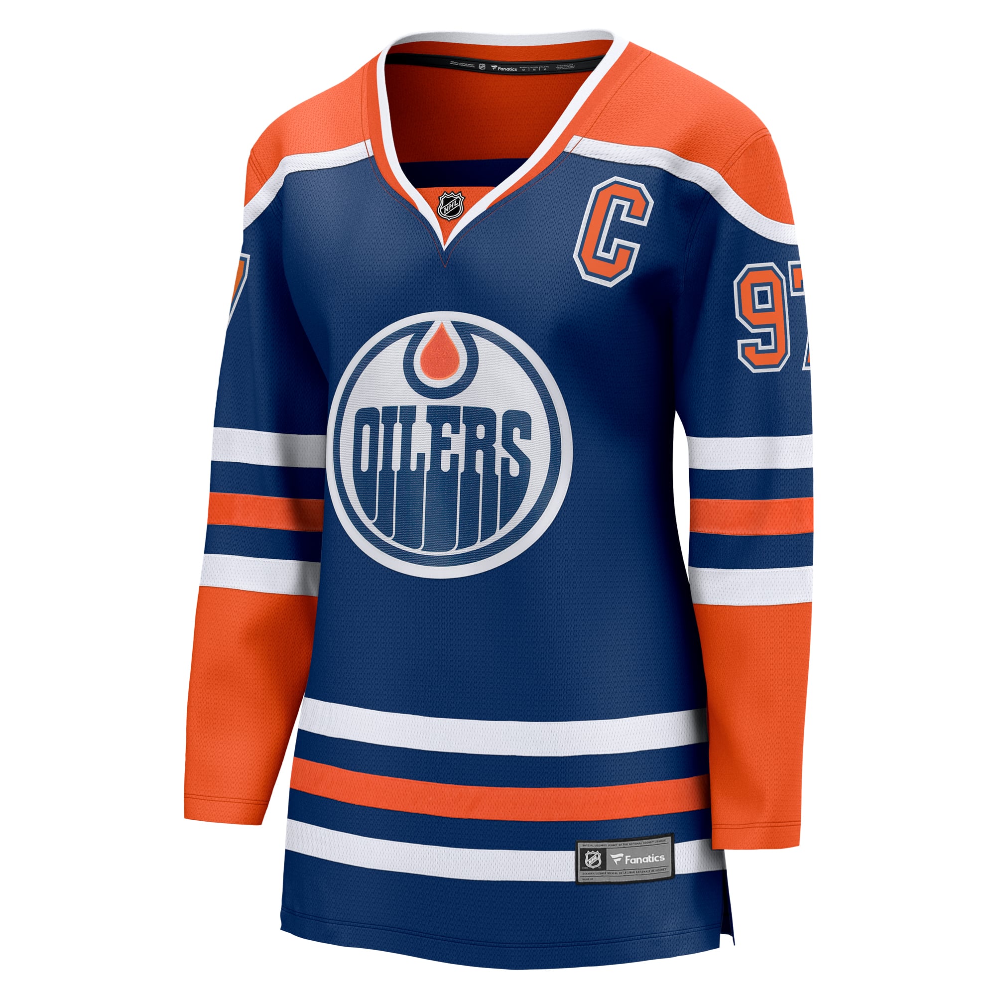 Maillot de capitaine extérieur des Oilers d'Edmonton, modèle Connor McDavid White, pour femmes (Fanatics).