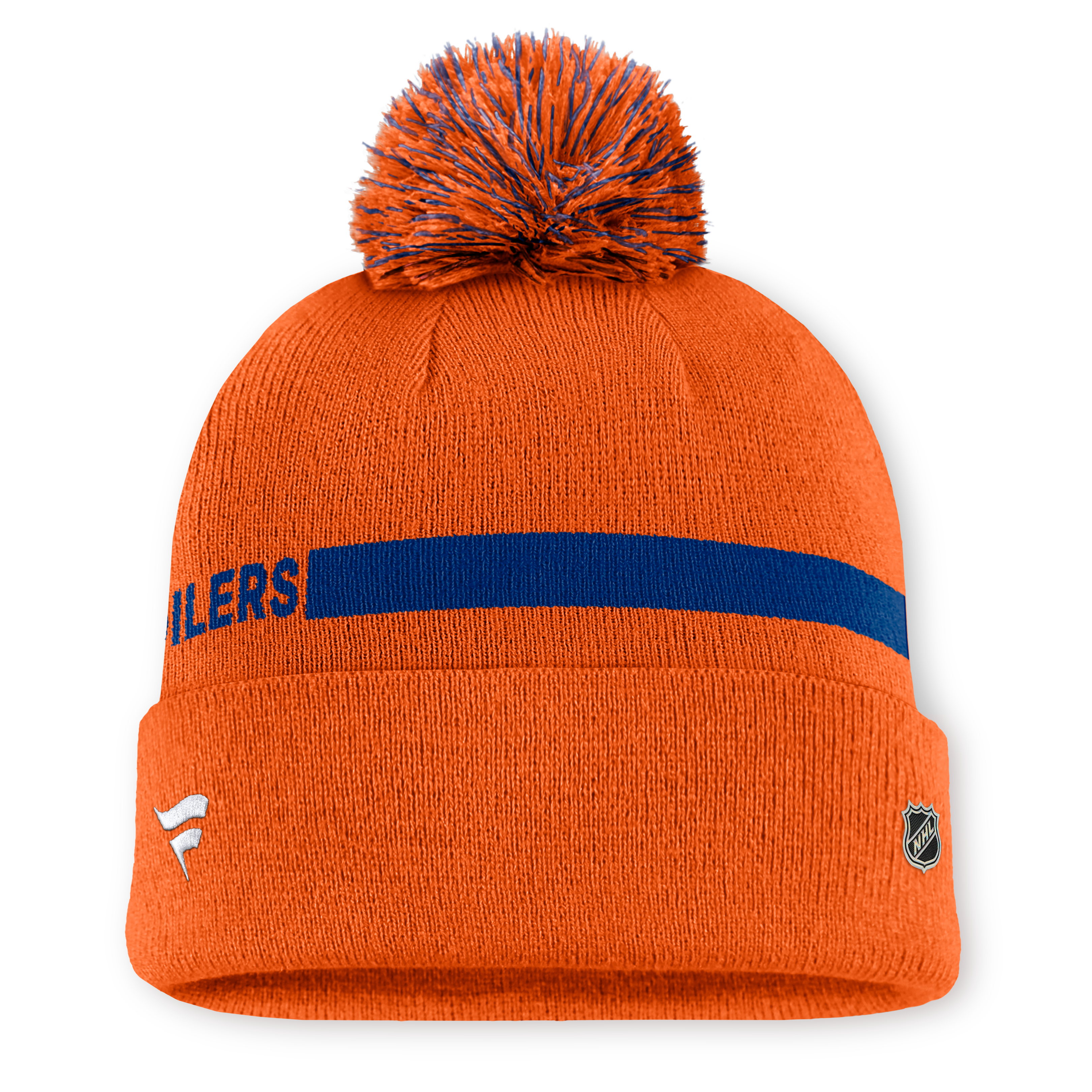 Bonnet tricoté à revers avec pompon, authentique Edmonton Oilers, orange, de la marque Fanatics, pour femme