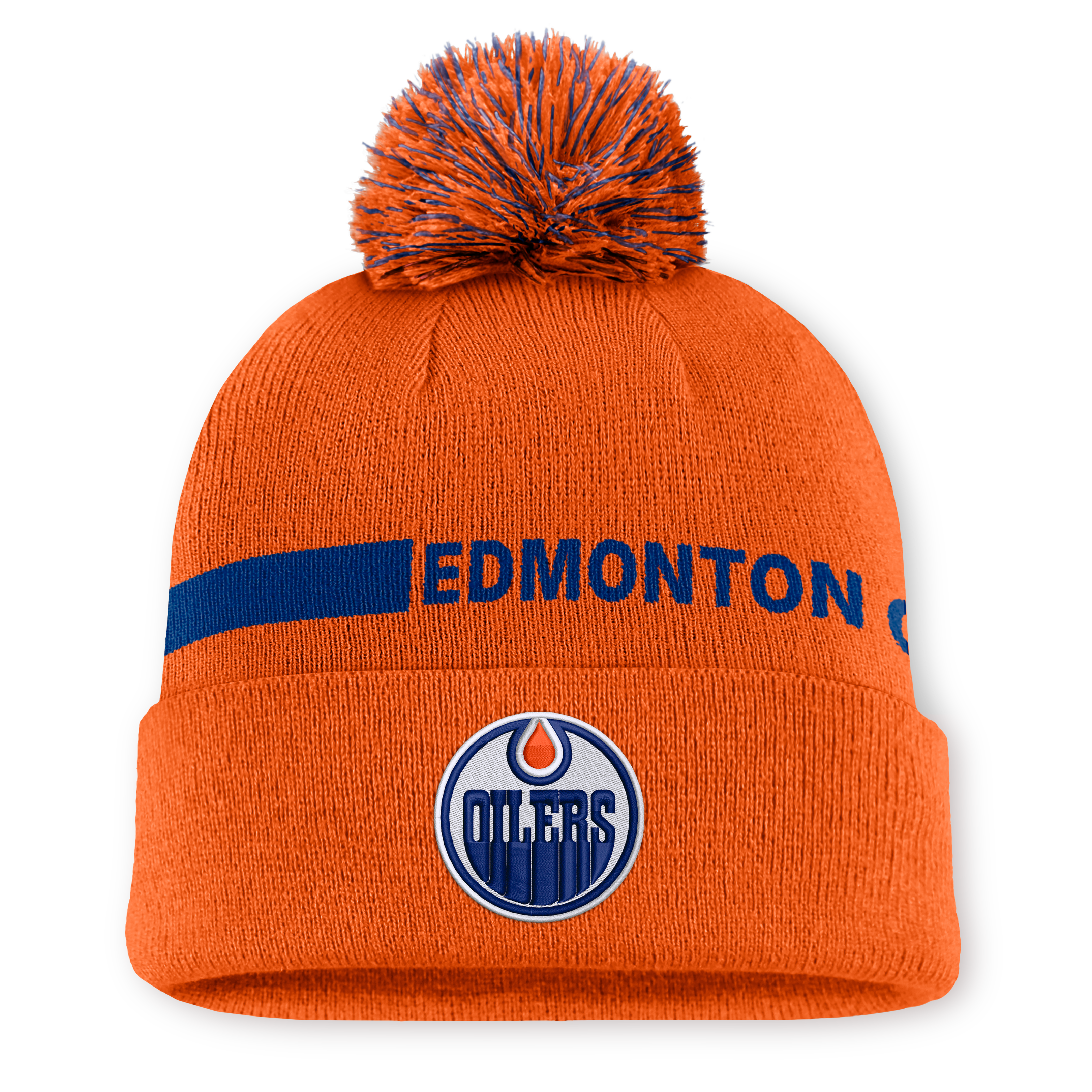 Bonnet tricoté à revers avec pompon, authentique Edmonton Oilers, orange, de la marque Fanatics, pour femme