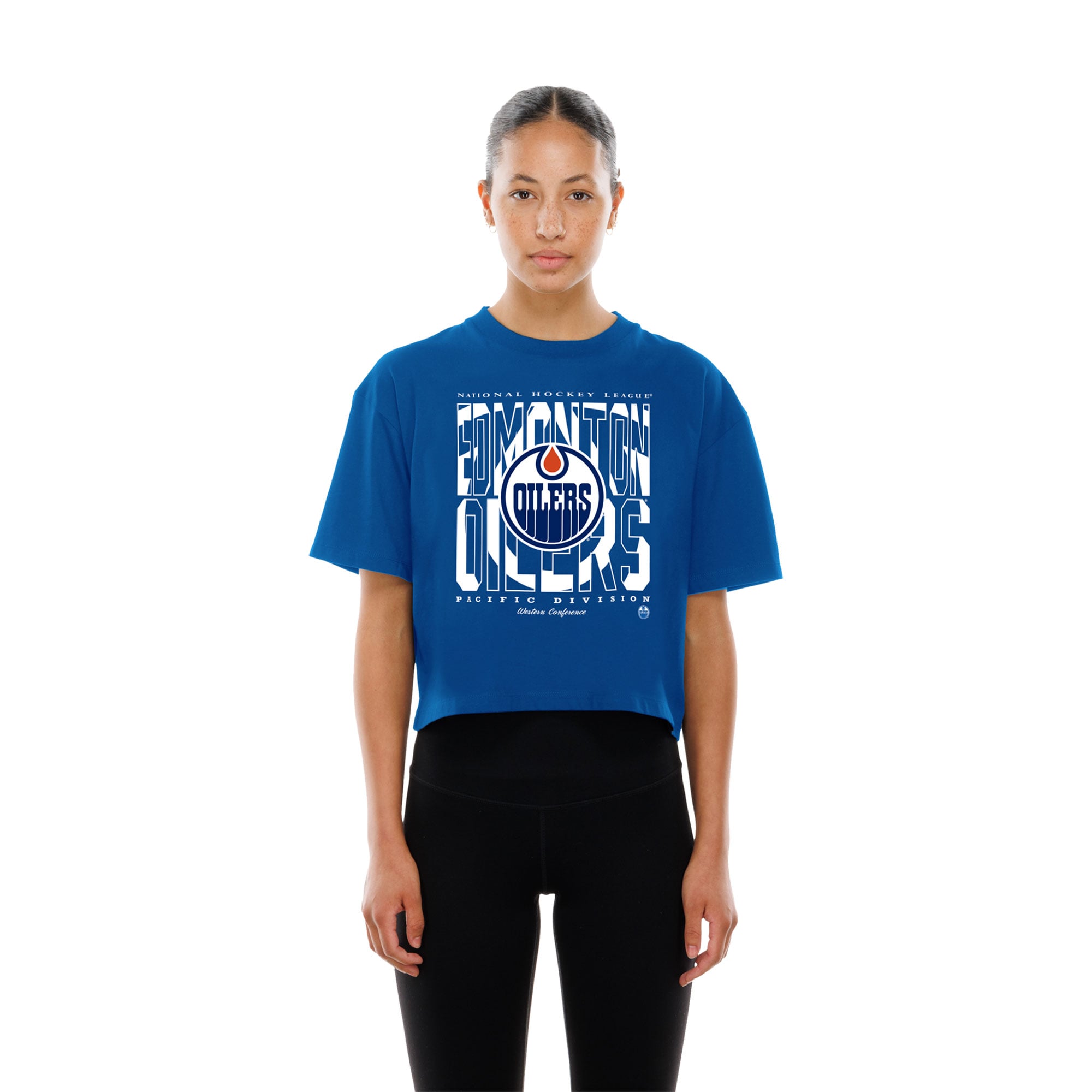 Women's New Era Blue Edmonton Oilers Boxy Partial Logo T-Shirt