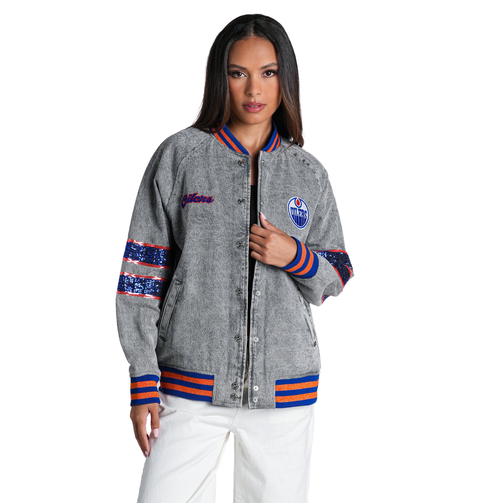 Veste bomber en denim à sequins gris chiné pour femme, The Wild Collective