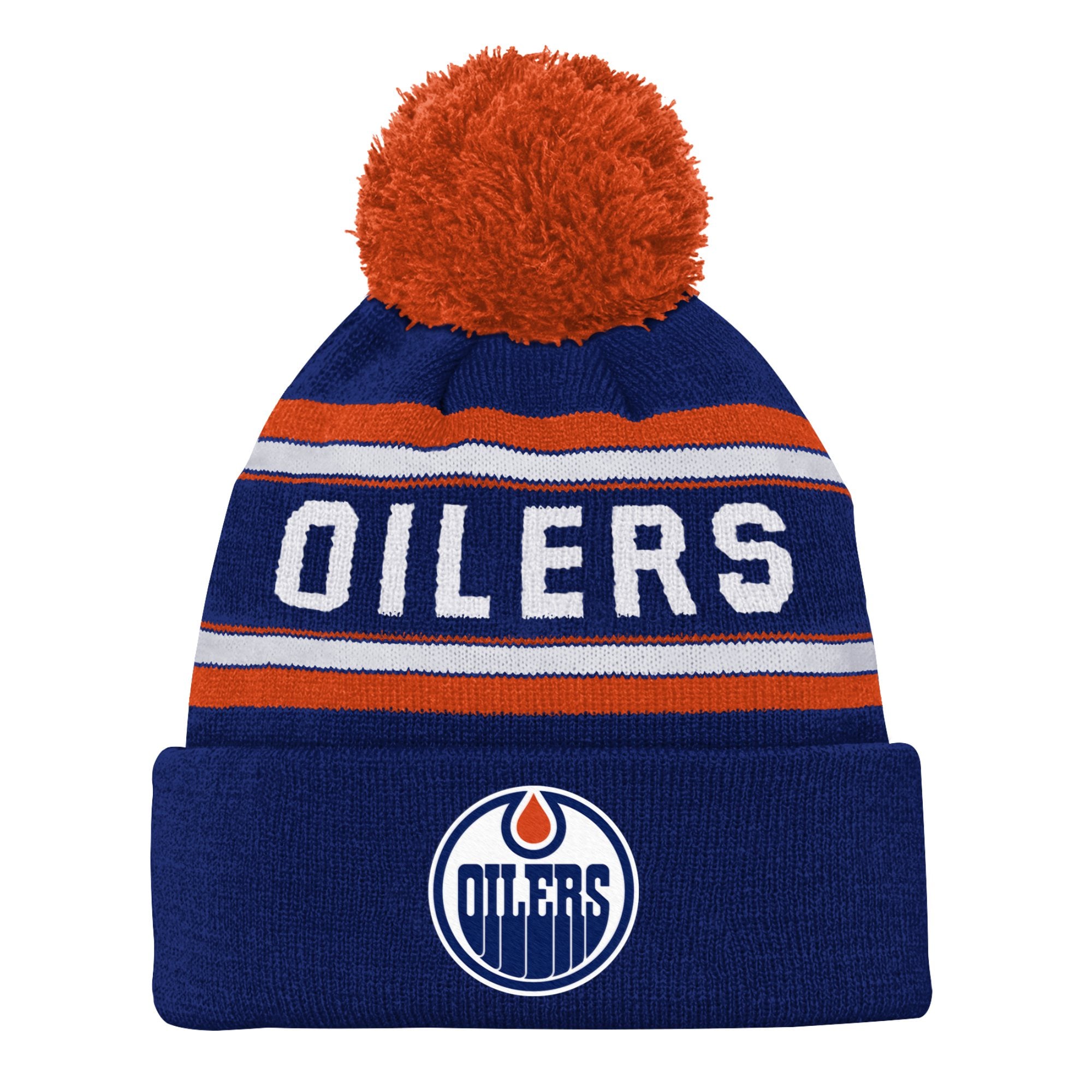 Bonnet en tricot jacquard bleu marine des Oilers d'Edmonton pour enfant, avec pompon