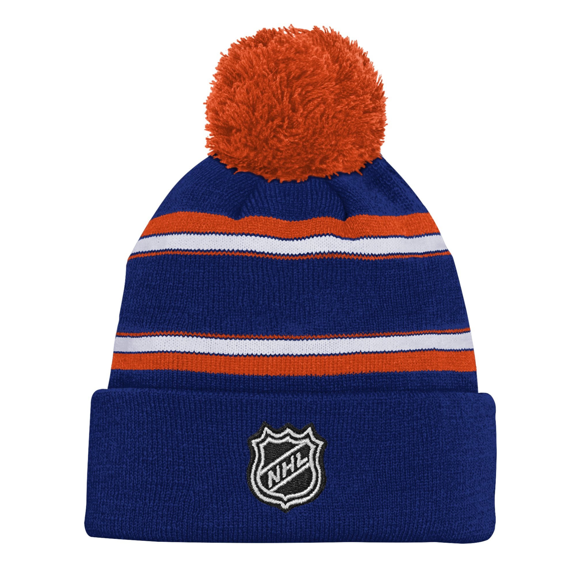 Bonnet en tricot jacquard bleu marine des Oilers d'Edmonton pour enfant, avec pompon