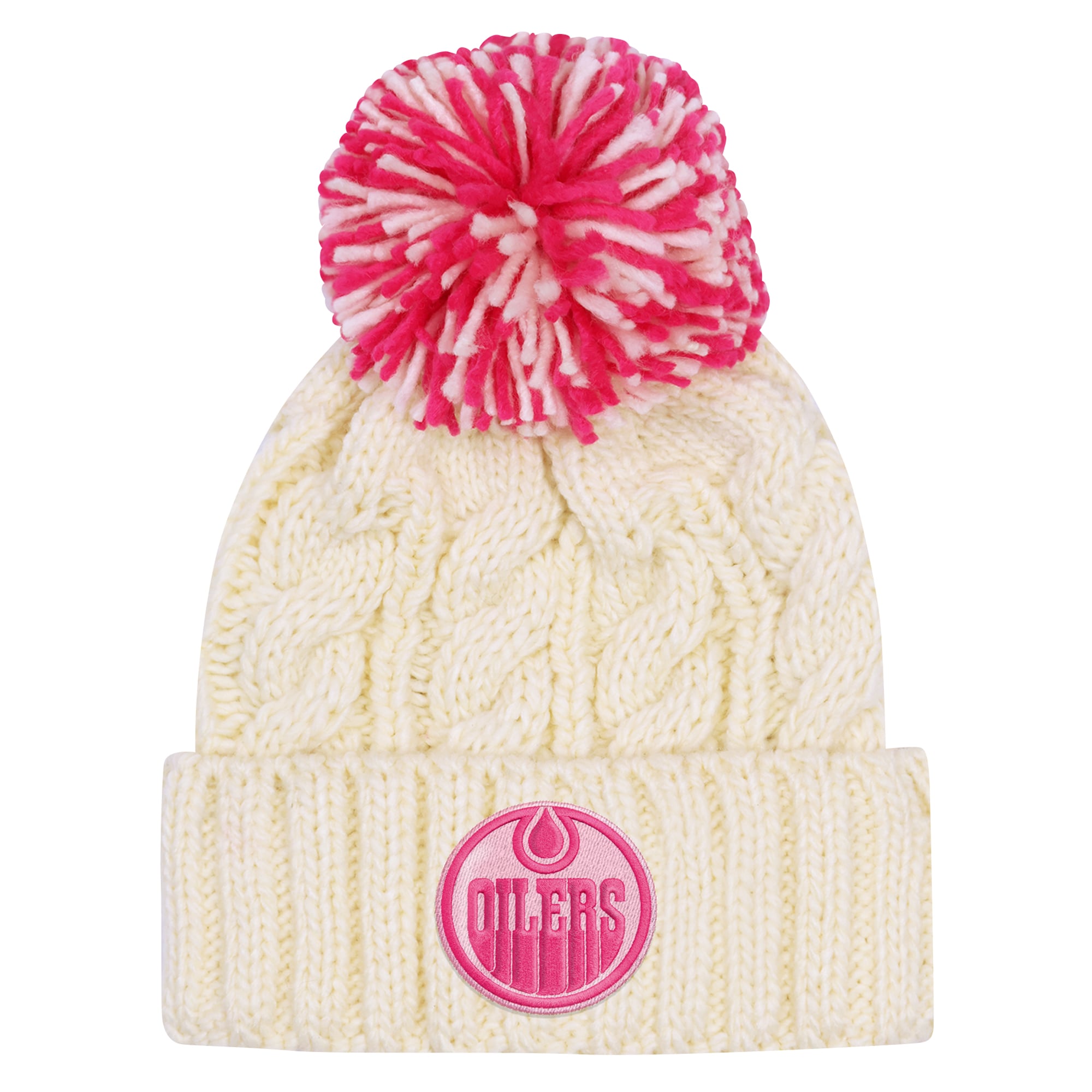 Bonnet tricoté à revers couleur crème Edmonton Oilers pour jeunes filles, avec pompon