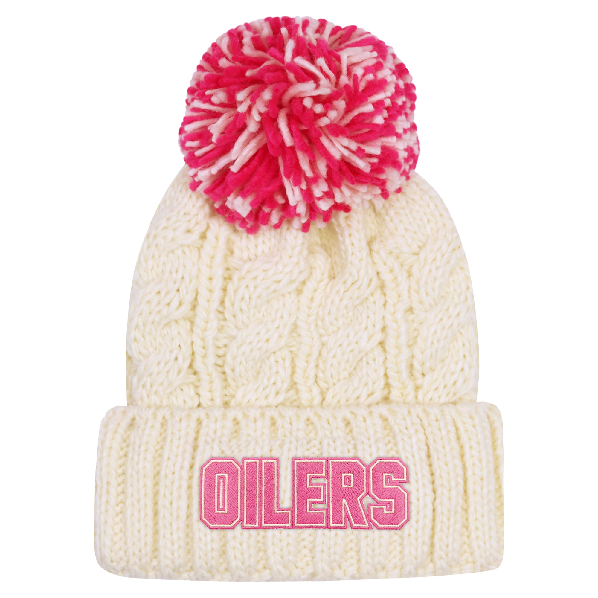 Bonnet tricoté à revers couleur crème Edmonton Oilers pour jeunes filles, avec pompon