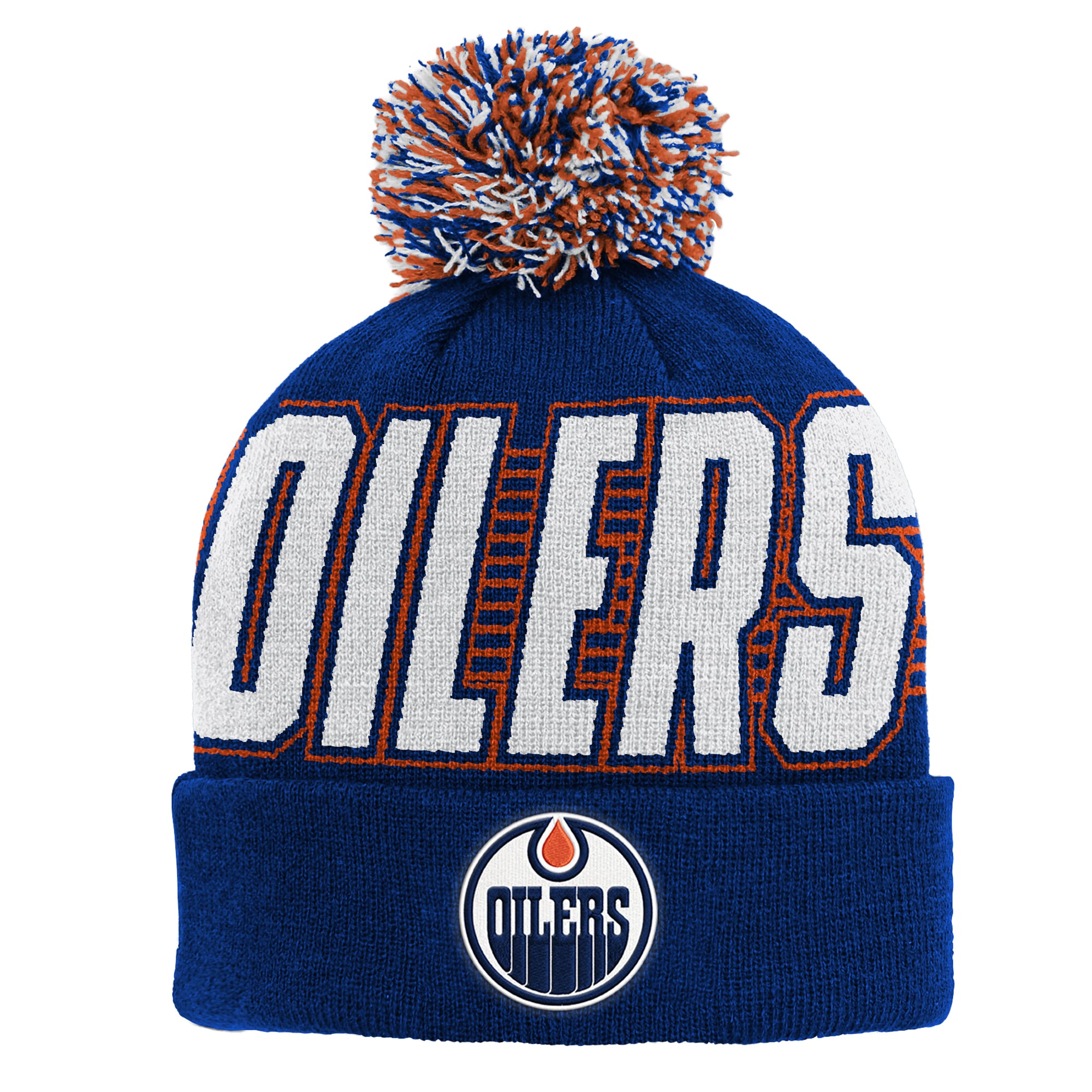 Bonnet tricoté à revers avec pompon des Royal Edmonton Oilers pour enfants de la marque Outerstuff.