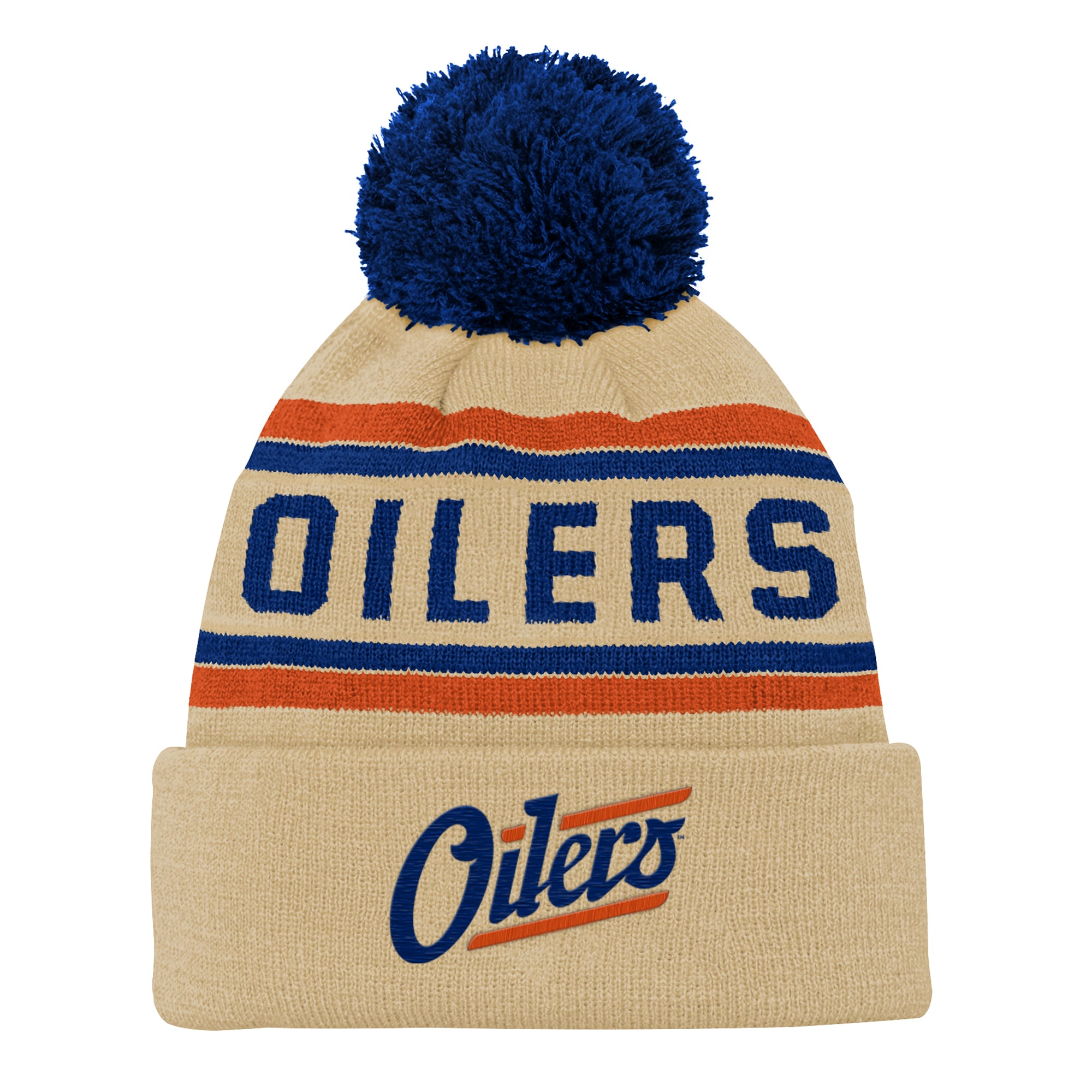 Bonnet tricoté à revers avec pompon, couleur beige, 3e maillot des Oilers d'Edmonton, pour enfant de la marque Outerstuff.