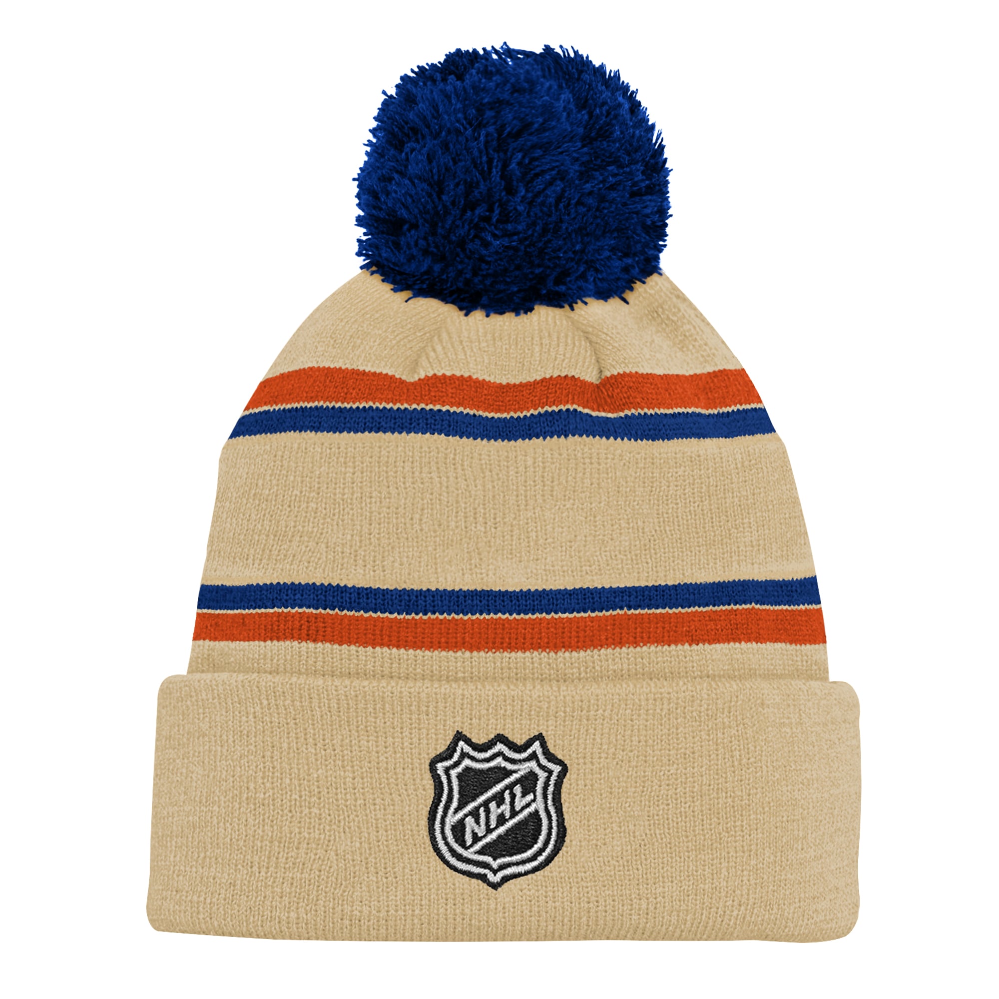 Bonnet tricoté à revers avec pompon, couleur beige, 3e maillot des Oilers d'Edmonton, pour enfant de la marque Outerstuff.