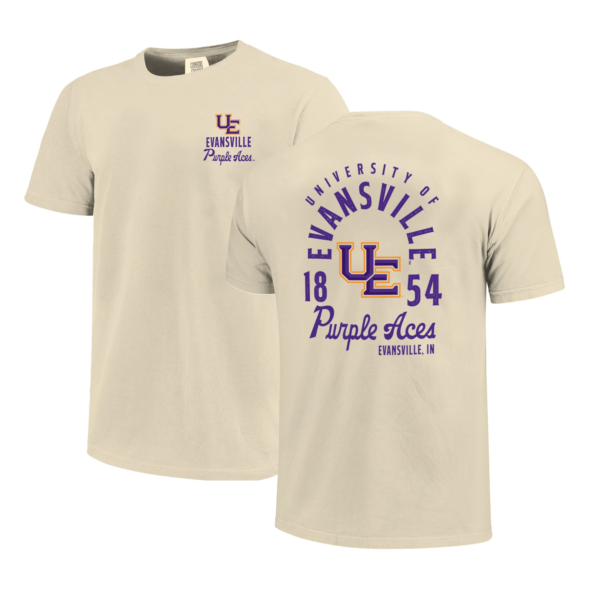 T-shirt crème pour homme Evansville Purple Aces Comfort Colors avec motif mascotte superposé