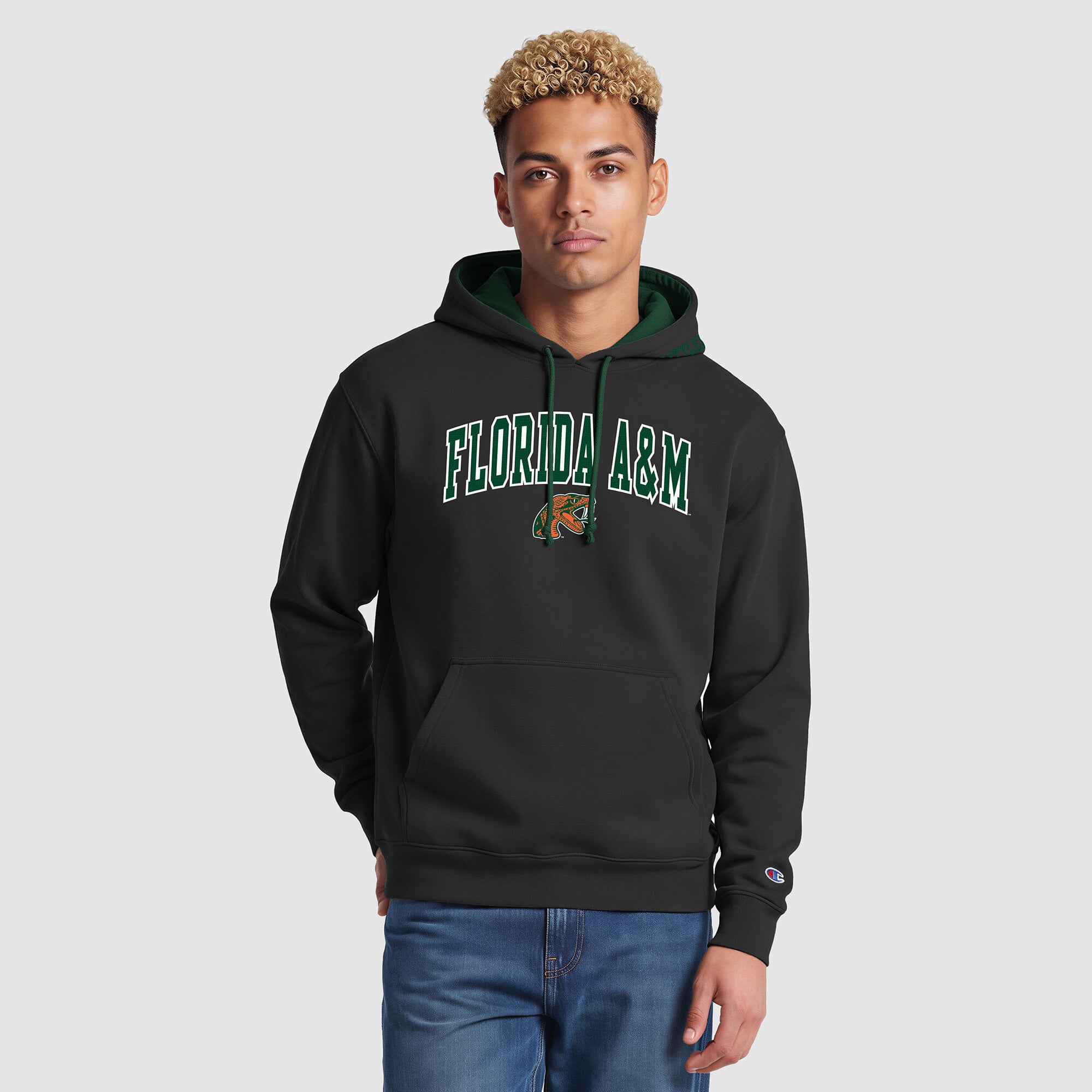 Men's Champion Black/Green Florida A&M Rattlers Contrast Hoodie
