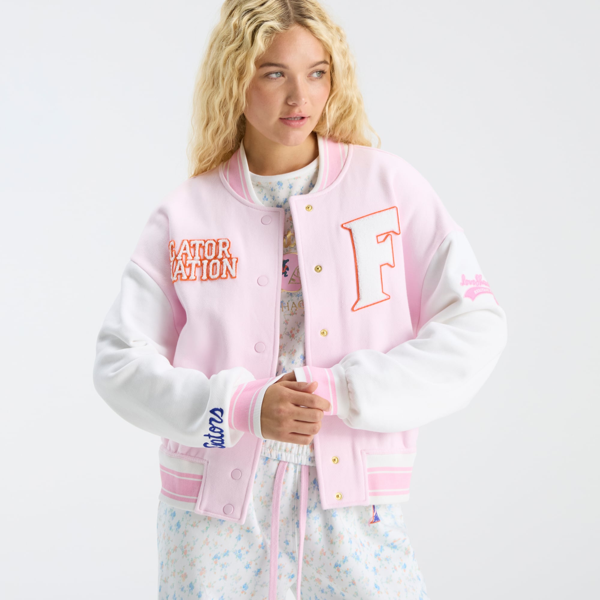 LoveShackFancy Women's Pink Florida Gators Collegiate Varsity Full-Snap Jacket
