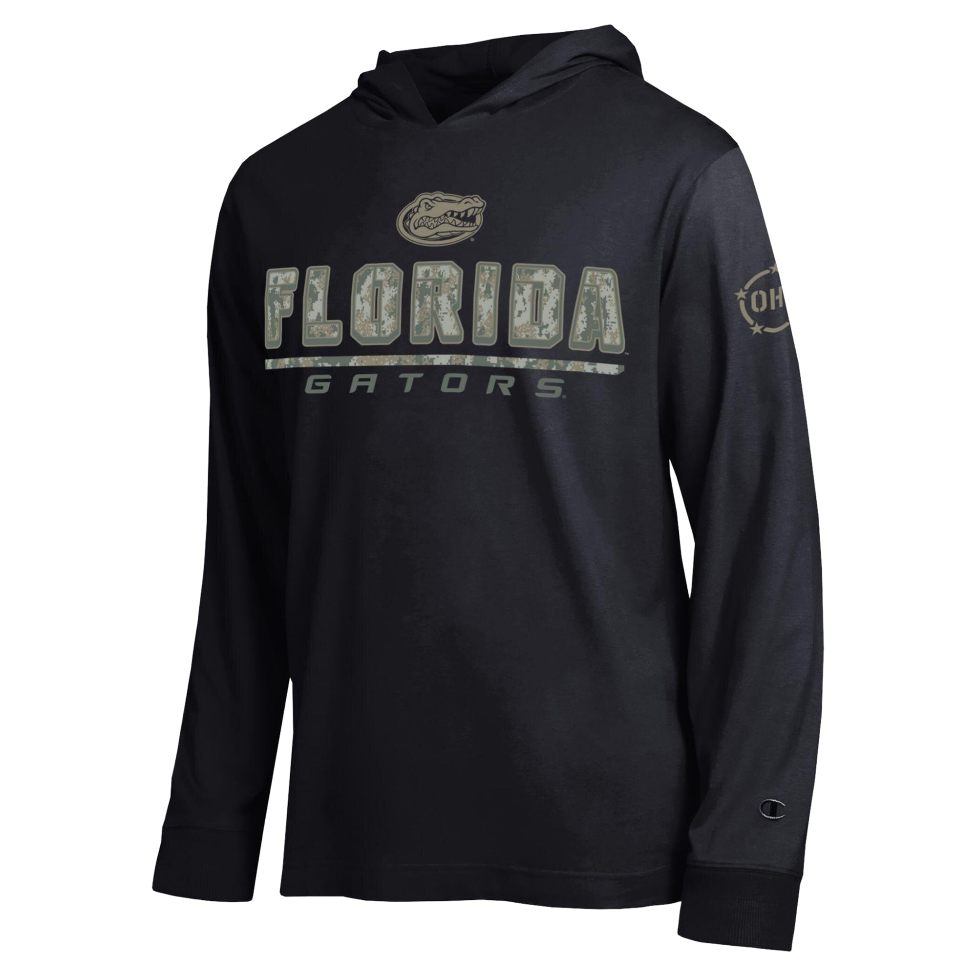 T-shirt à manches longues et capuche Champion Black Florida Gators Operation Hat Trick Camo Script pour homme