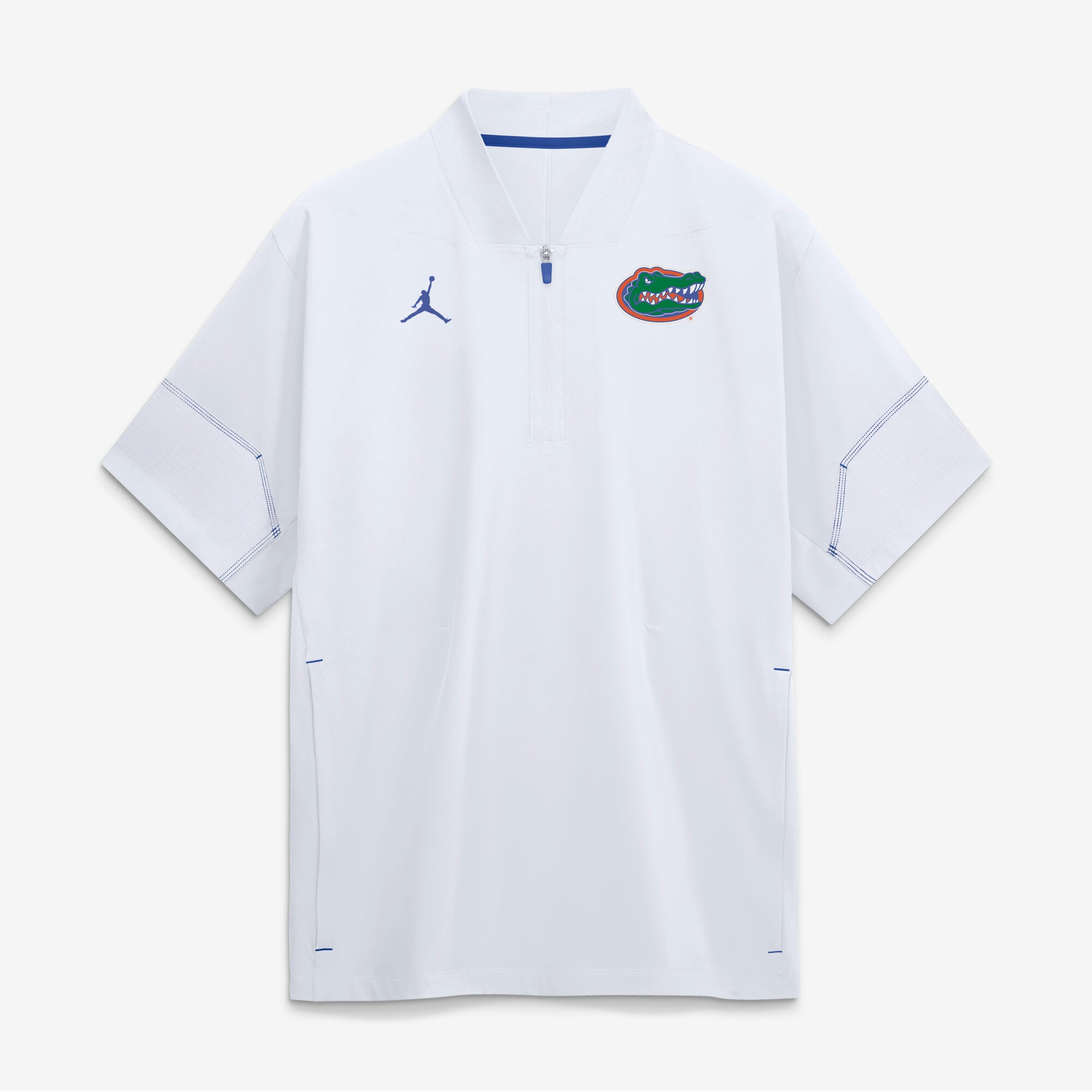 Veste d'entraîneur Jordan Brand blanche Florida Gators 2026 Sideline à manches courtes et fermeture éclair au quart pour homme