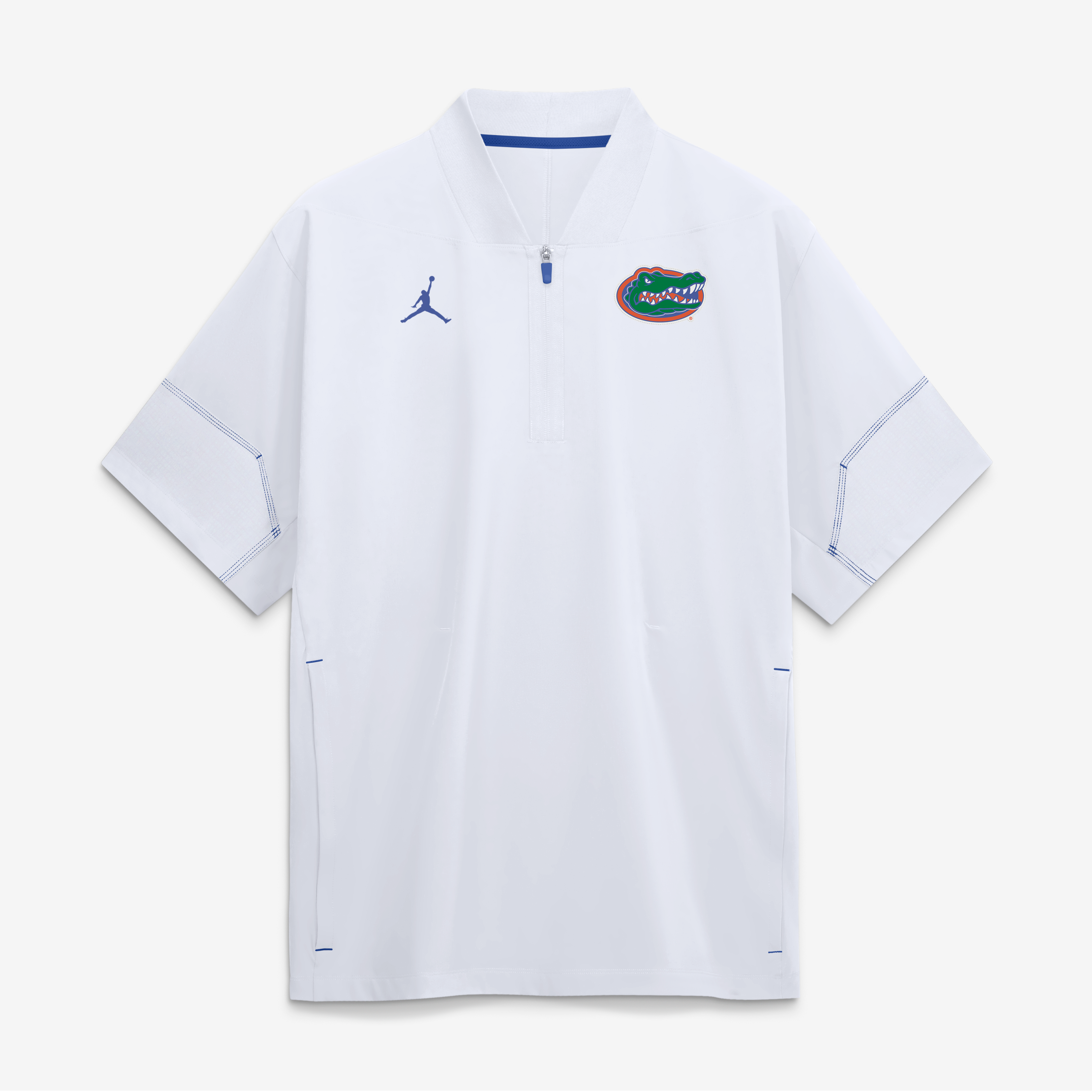 Veste d'entraîneur Jordan Brand blanche Florida Gators 2026 Sideline à manches courtes et fermeture éclair au quart pour homme
