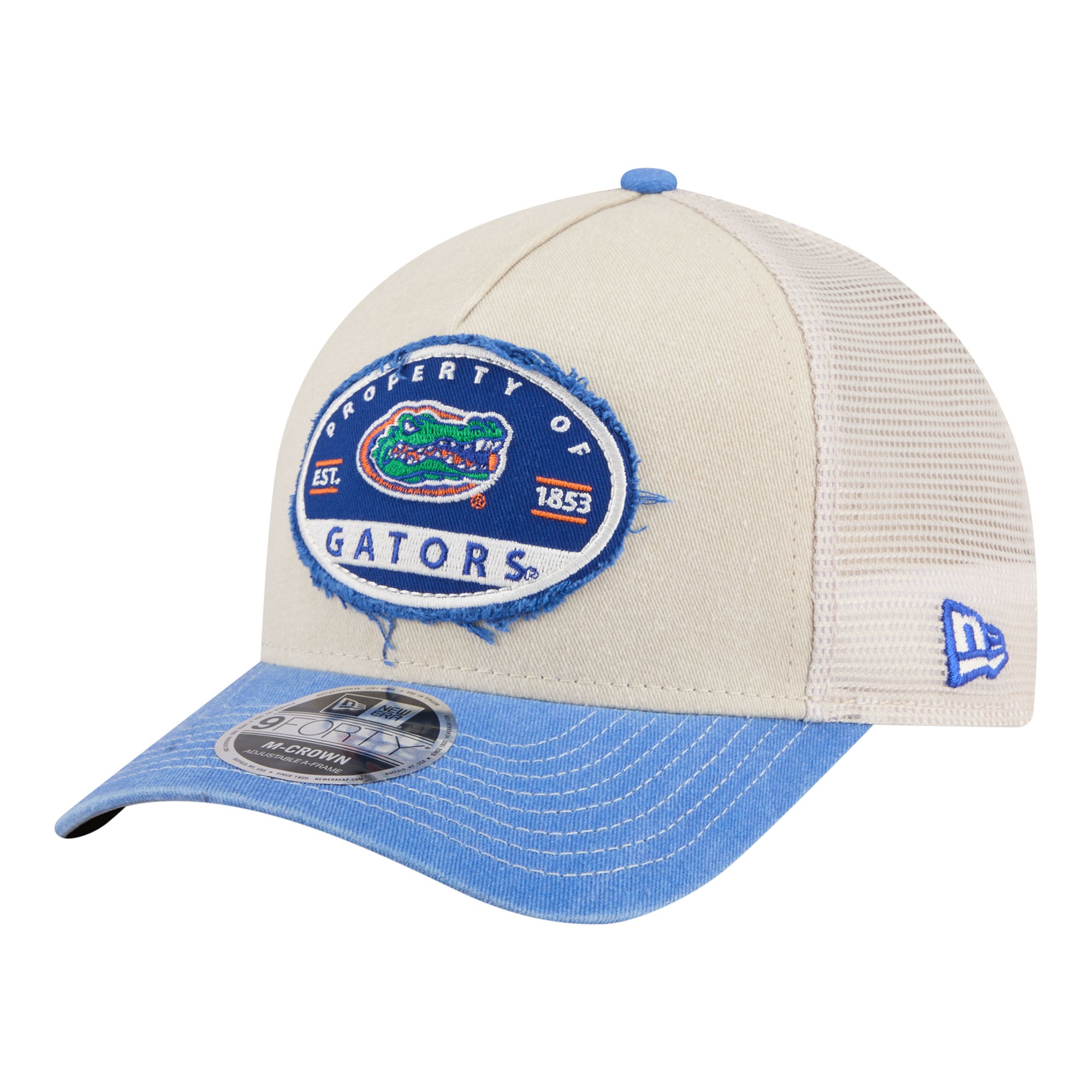 Men's New Era Stone/Royal Florida Gators Frayed Patch 9FORTY M-Crown A-Frame Trucker Adjustable Hat