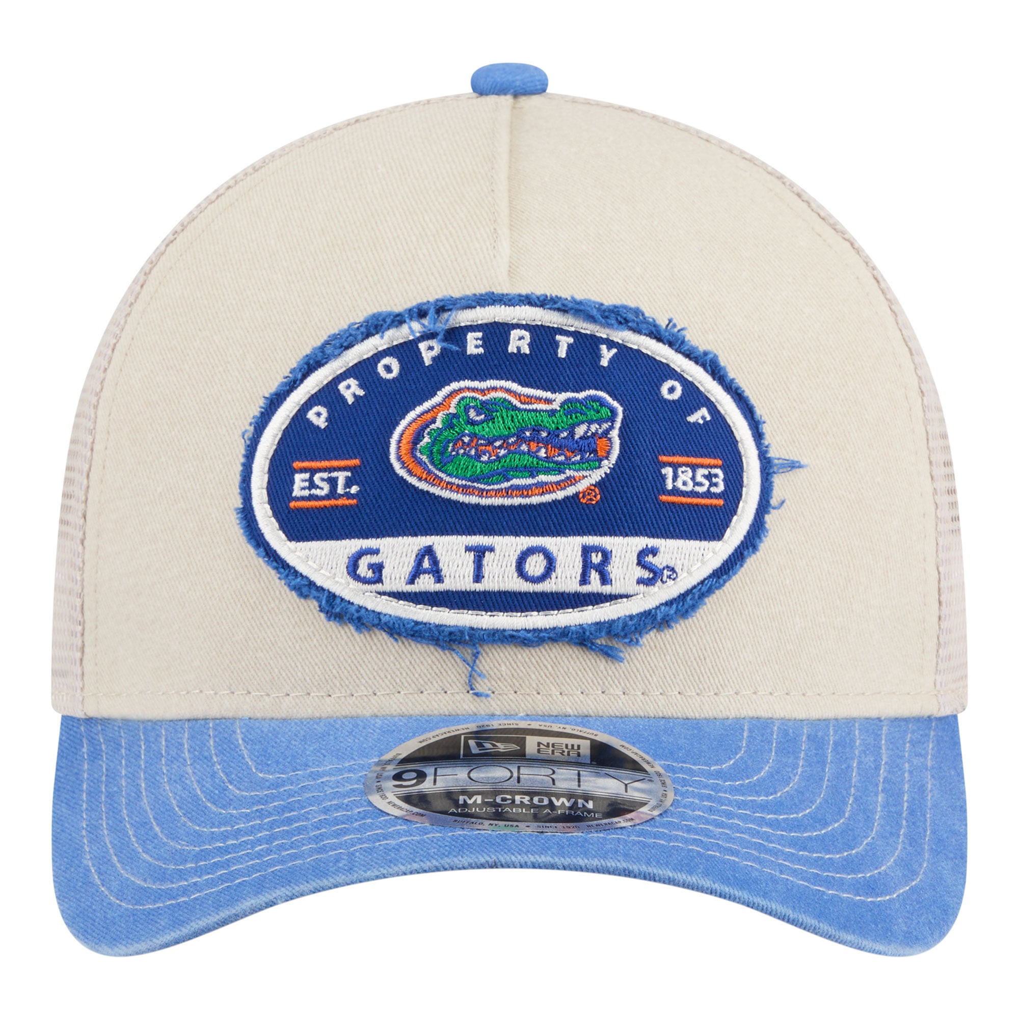 Men's New Era Stone/Royal Florida Gators Frayed Patch 9FORTY M-Crown A-Frame Trucker Adjustable Hat