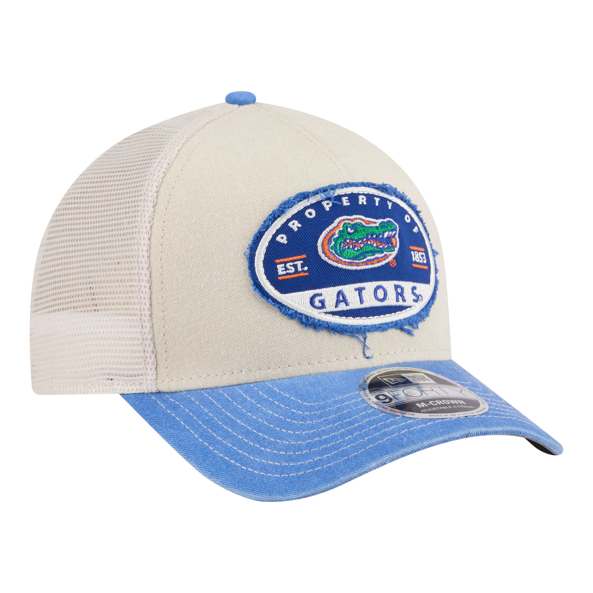 Men's New Era Stone/Royal Florida Gators Frayed Patch 9FORTY M-Crown A-Frame Trucker Adjustable Hat