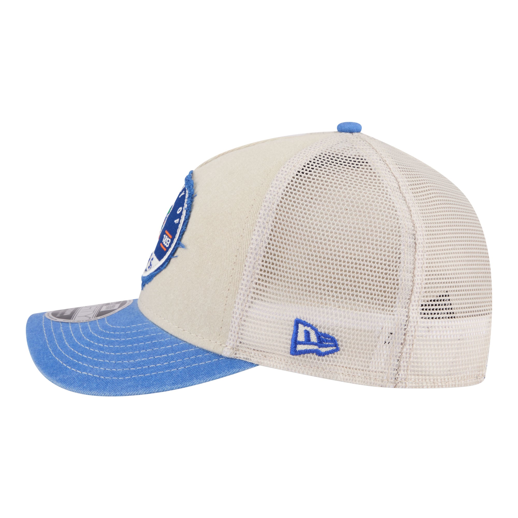 Men's New Era Stone/Royal Florida Gators Frayed Patch 9FORTY M-Crown A-Frame Trucker Adjustable Hat