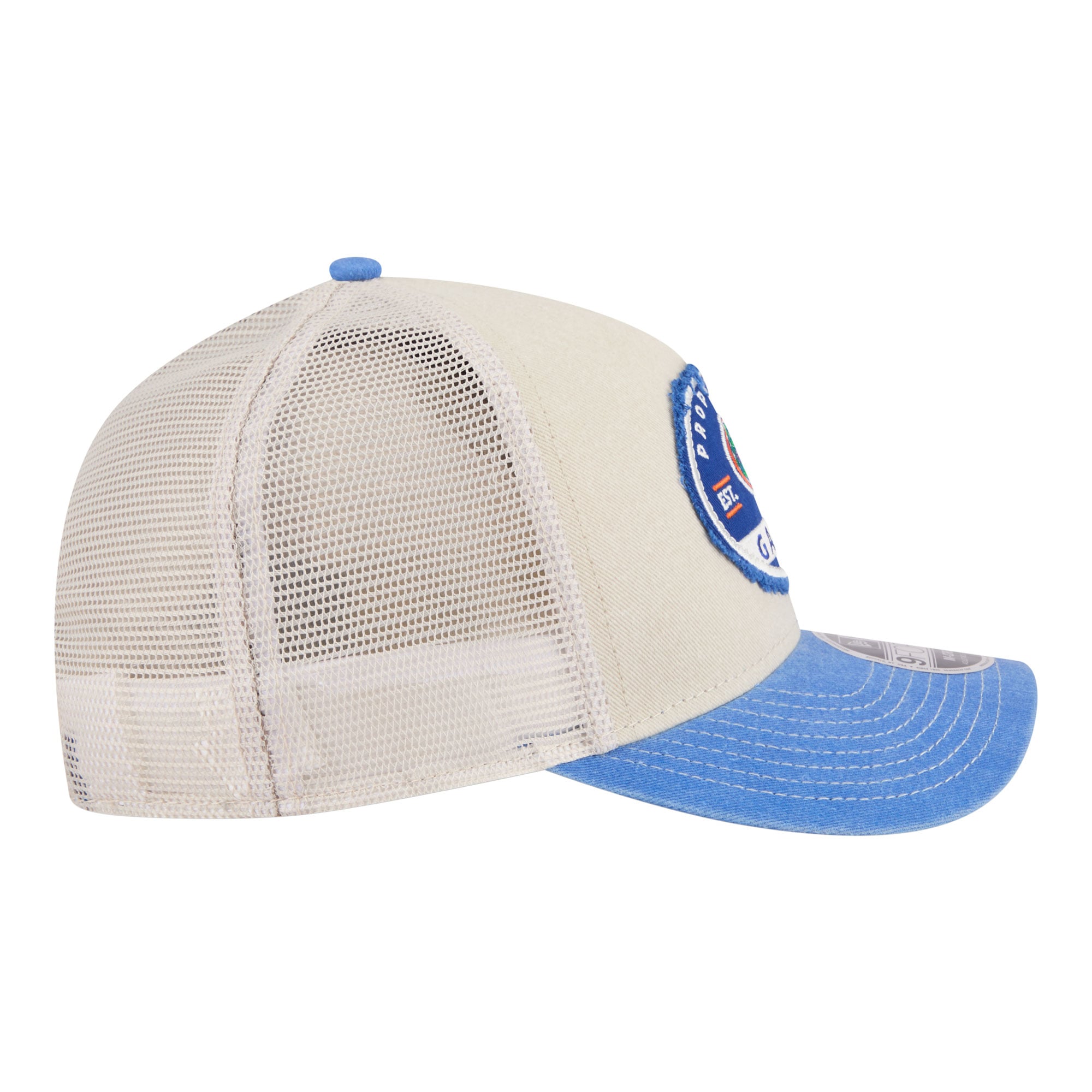 Men's New Era Stone/Royal Florida Gators Frayed Patch 9FORTY M-Crown A-Frame Trucker Adjustable Hat