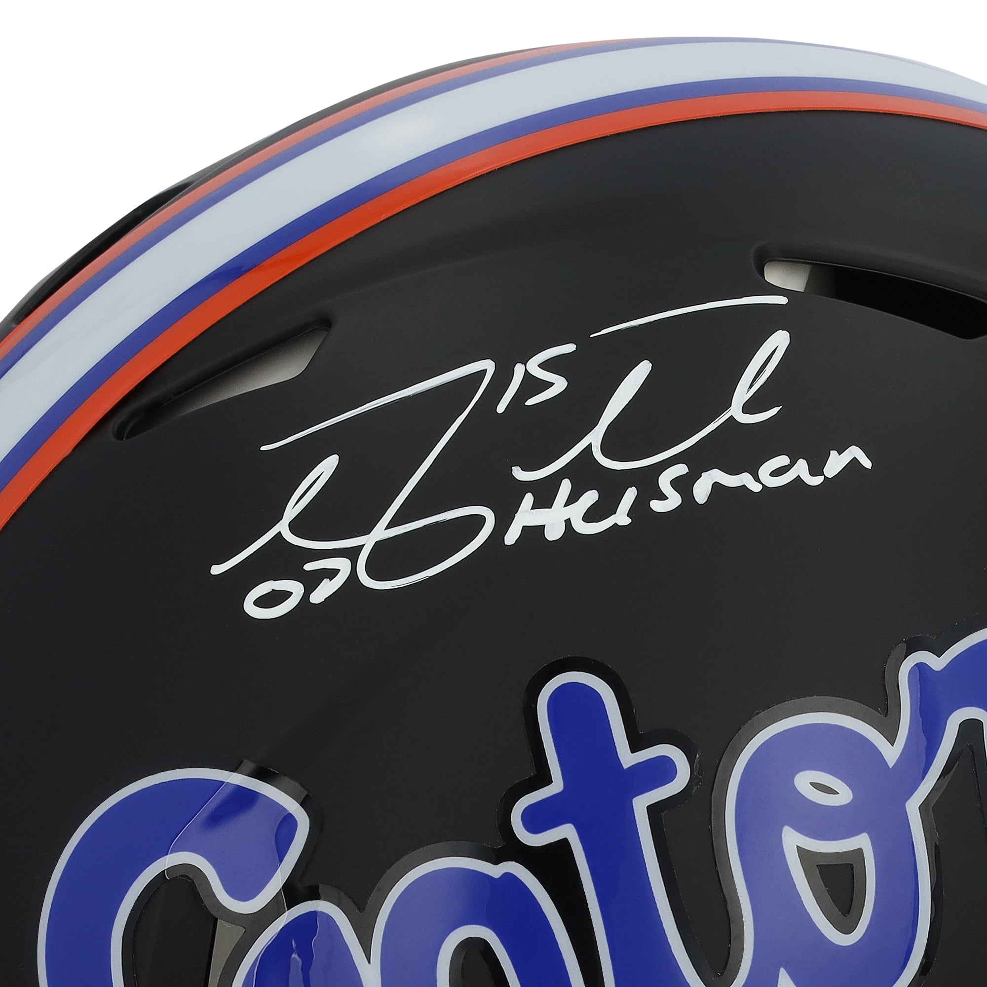 Casque Riddell Speed ​​Authentic noir, signé par Tim Tebow des Florida Gators, avec inscription « Heisman 2007 ».
