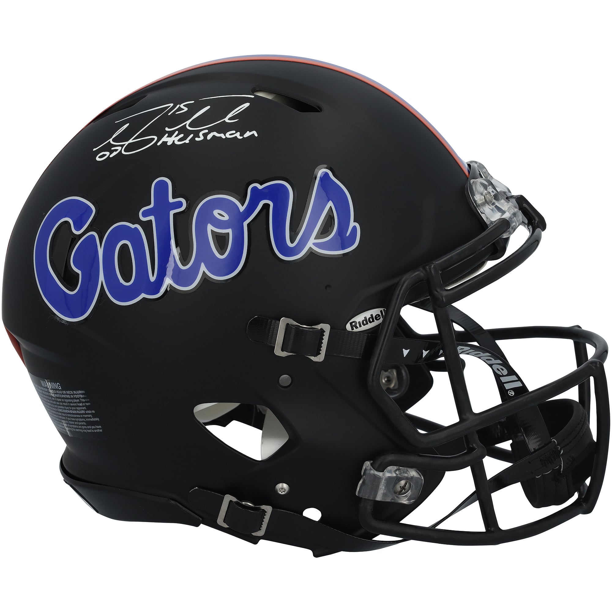 Casque Riddell Speed ​​Authentic noir, signé par Tim Tebow des Florida Gators, avec inscription « Heisman 2007 ».