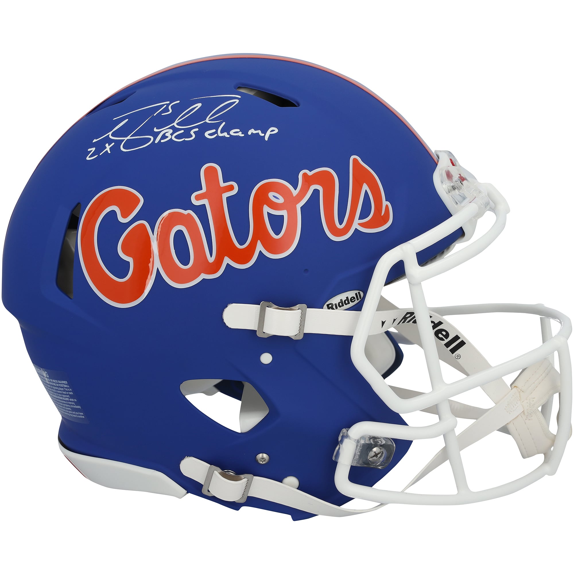 Casque Riddell Speed ​​Authentic bleu mat autographié par Tim Tebow des Florida Gators, avec inscription « 2x BCS Champion ».
