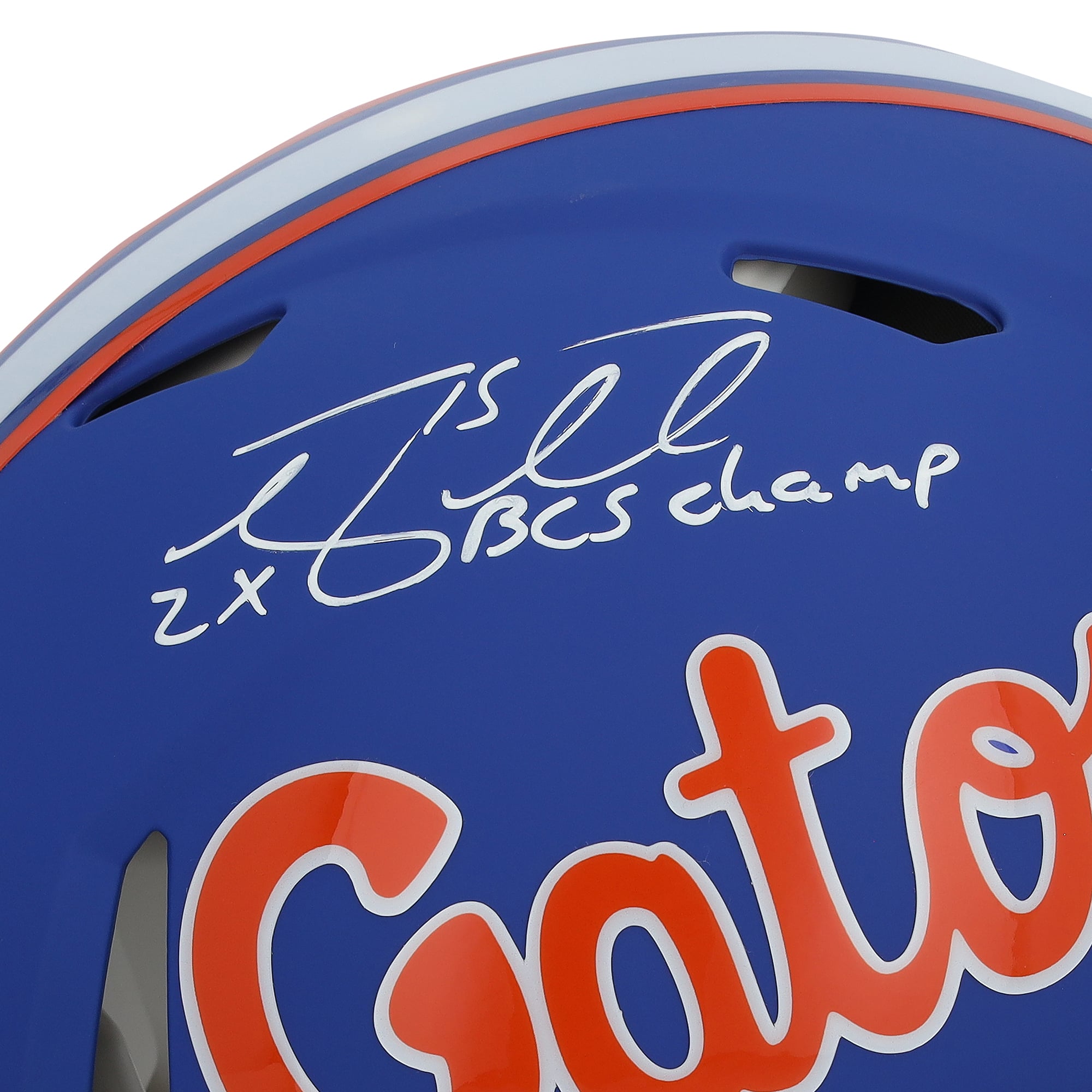 Casque Riddell Speed ​​Authentic bleu mat autographié par Tim Tebow des Florida Gators, avec inscription « 2x BCS Champion ».