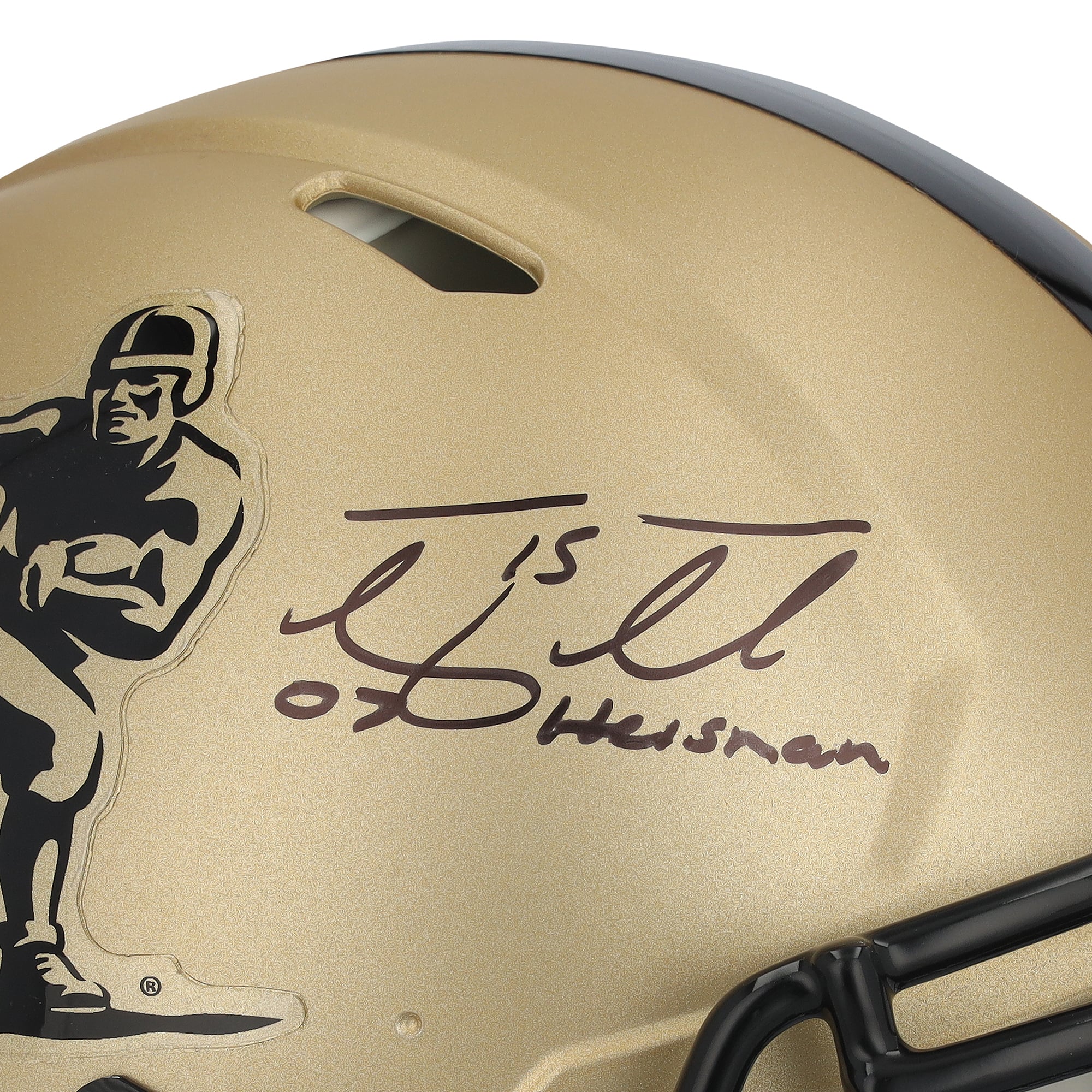 Casque Riddell Heisman Gold Speed ​​Authentic autographié par Tim Tebow, joueur des Florida Gators, avec inscription « Heisman 2007 ».