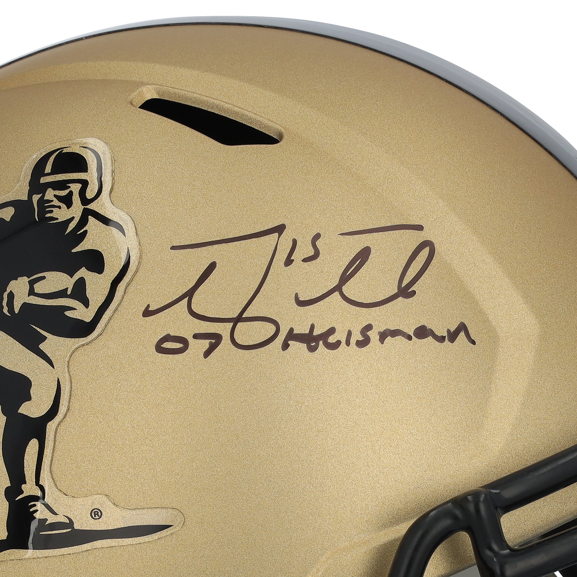 Casque réplique Riddell Heisman Gold Speed ​​autographié par Tim Tebow, joueur des Florida Gators, avec inscription « Heisman 2007 ».