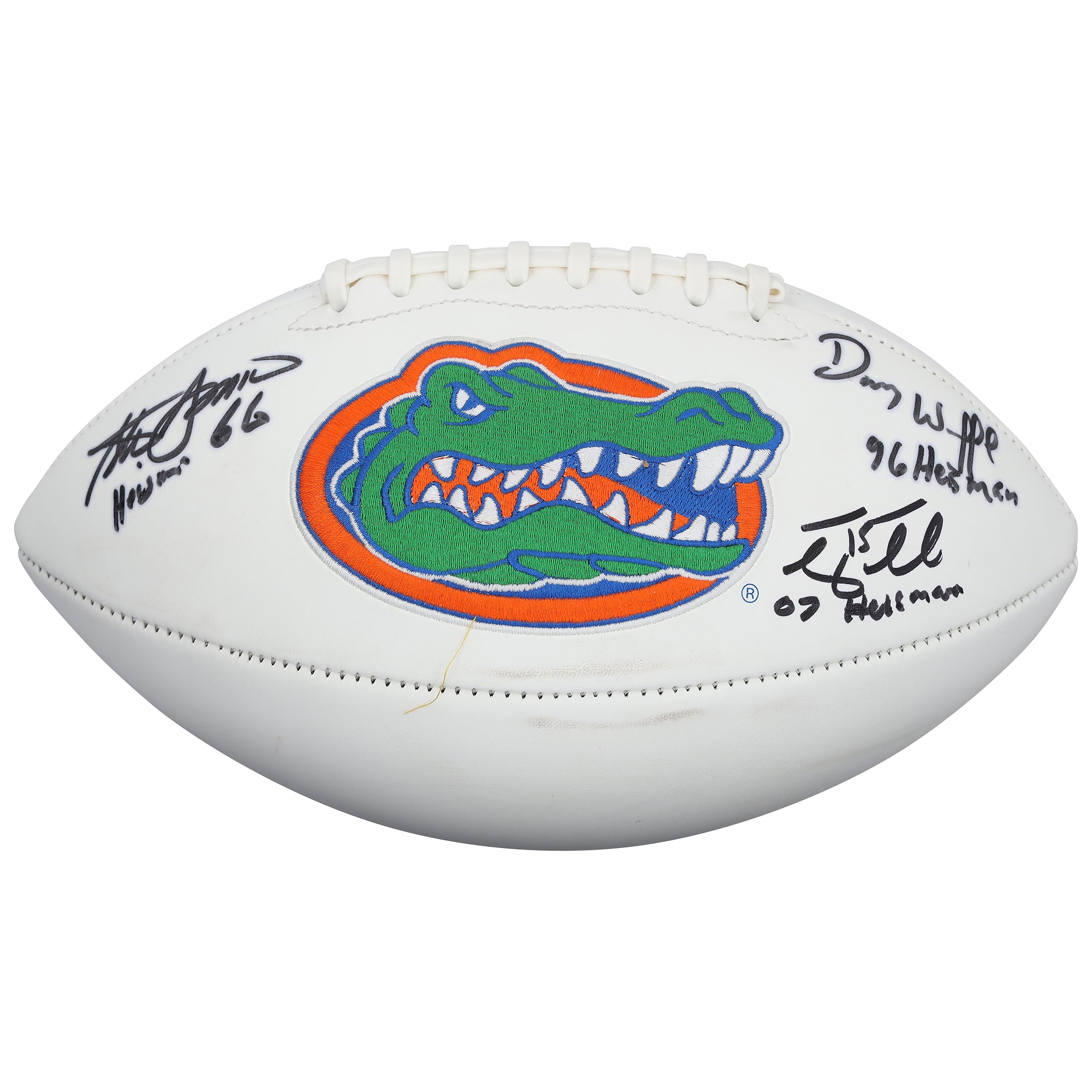 Ballon de football américain Jardin White Panel autographié par Tim Tebow, Steve Spurrier et Danny Wuerffel des Florida Gators, avec de multiples inscriptions.
