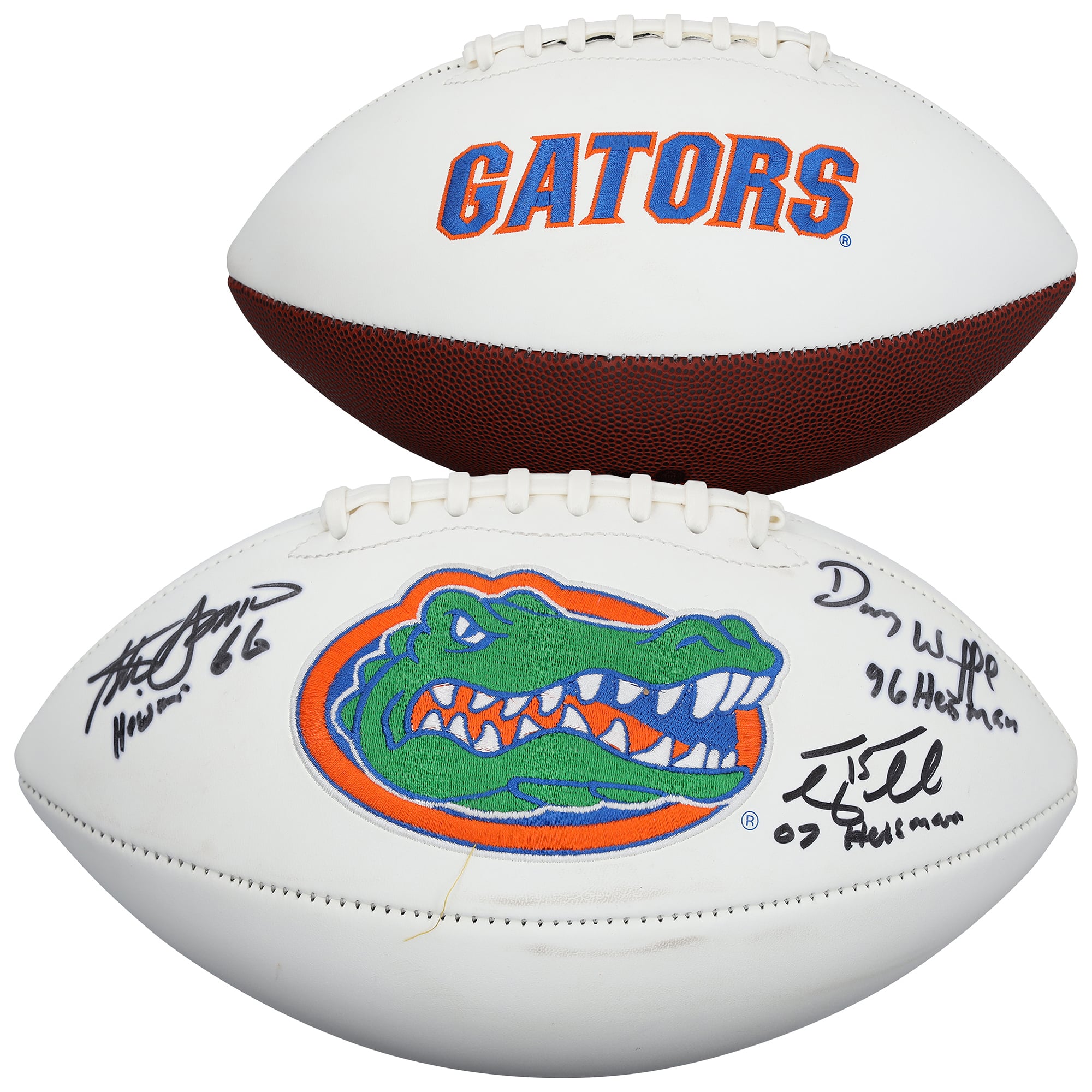 Ballon de football américain Jardin White Panel autographié par Tim Tebow, Steve Spurrier et Danny Wuerffel des Florida Gators, avec de multiples inscriptions.