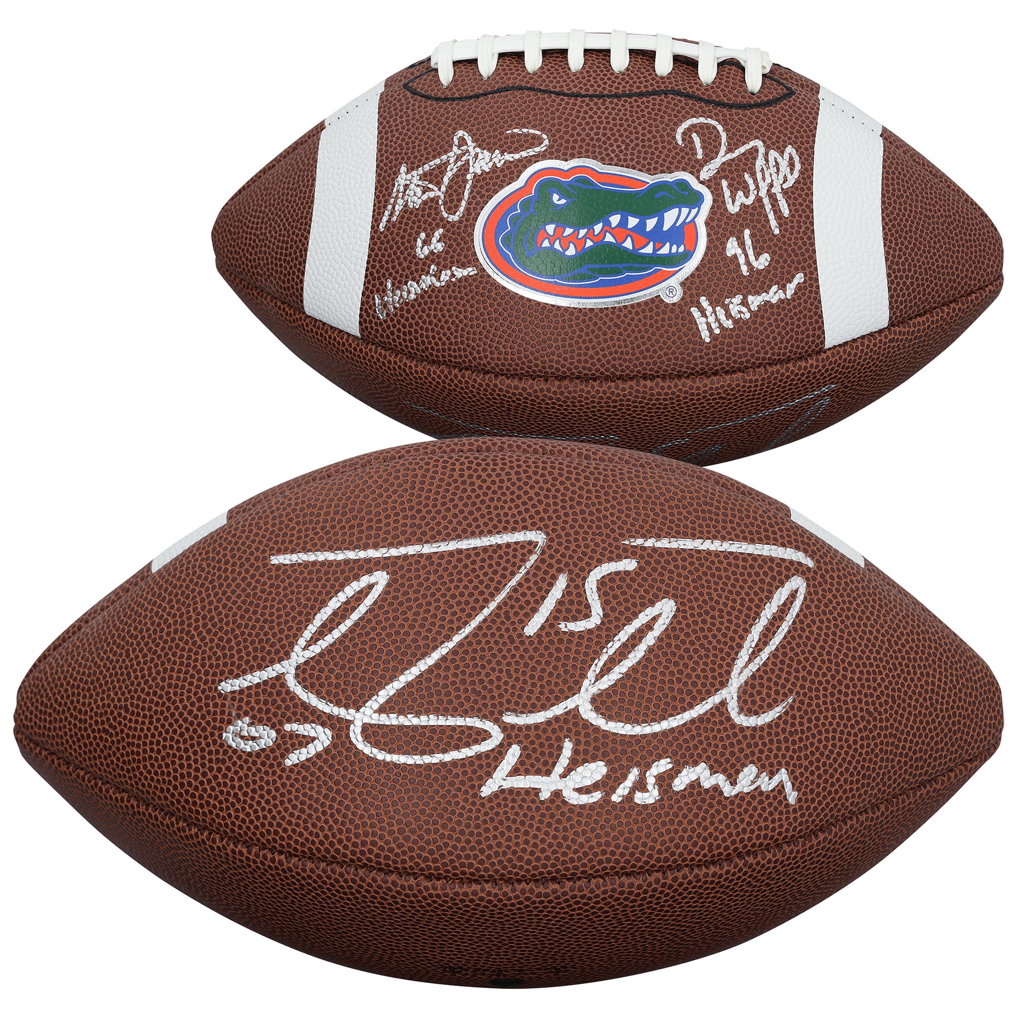 Ballon de football Nike réplique autographié par Tim Tebow, Steve Spurrier et Danny Wuerffel des Florida Gators, avec de multiples inscriptions.