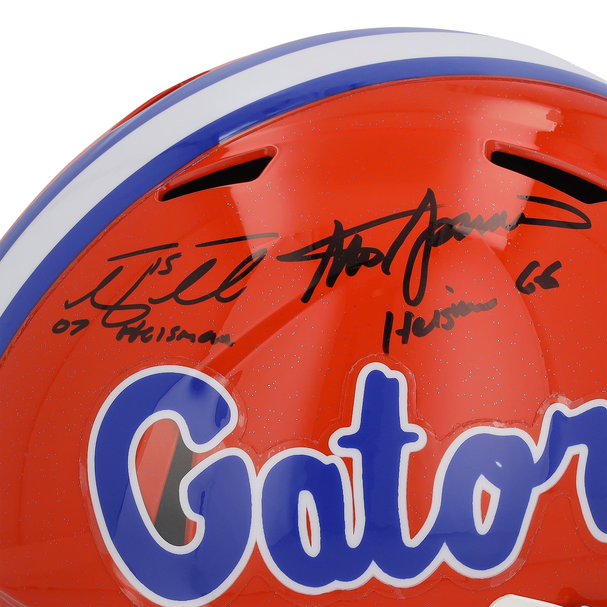 Casque réplique Riddell Speed ​​des Florida Gators, autographié par Tim Tebow, Steve Spurrier et Danny Wuerffel, avec plusieurs inscriptions.