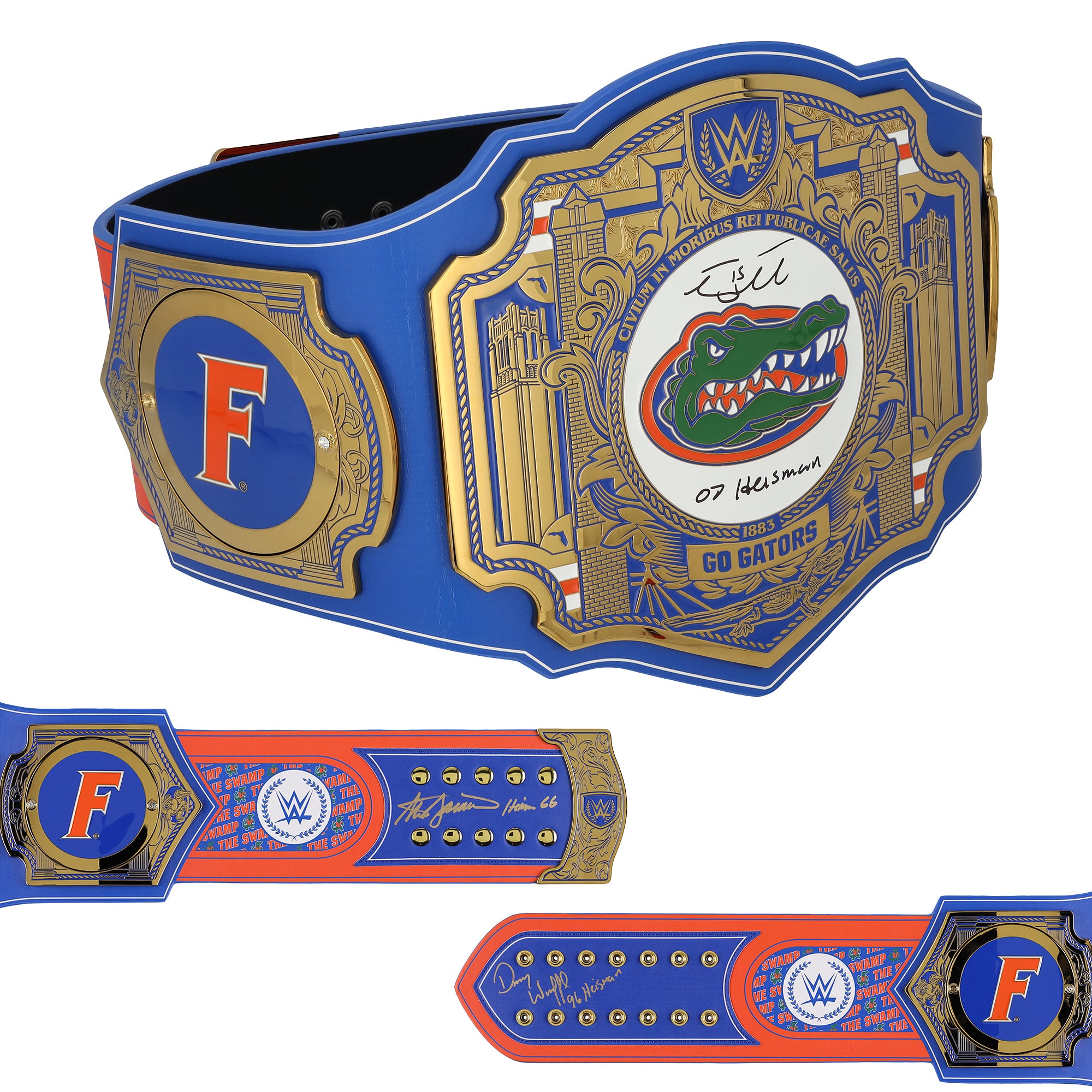 Ceinture de titre WWE des Florida Gators autographiée par Tim Tebow, Steve Spurrier et Danny Wuerffel, avec de multiples inscriptions.