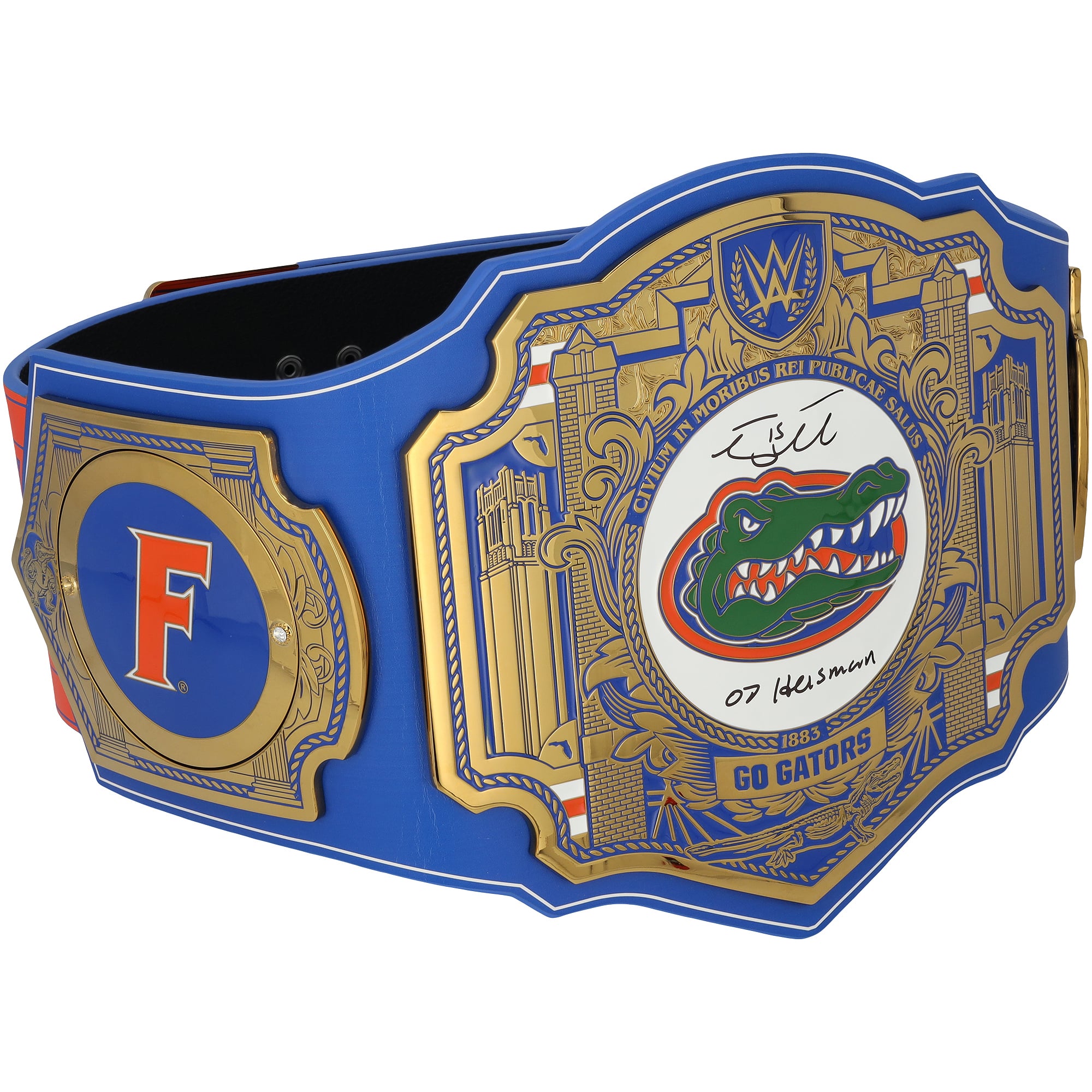 Ceinture de titre WWE des Florida Gators autographiée par Tim Tebow, Steve Spurrier et Danny Wuerffel, avec de multiples inscriptions.
